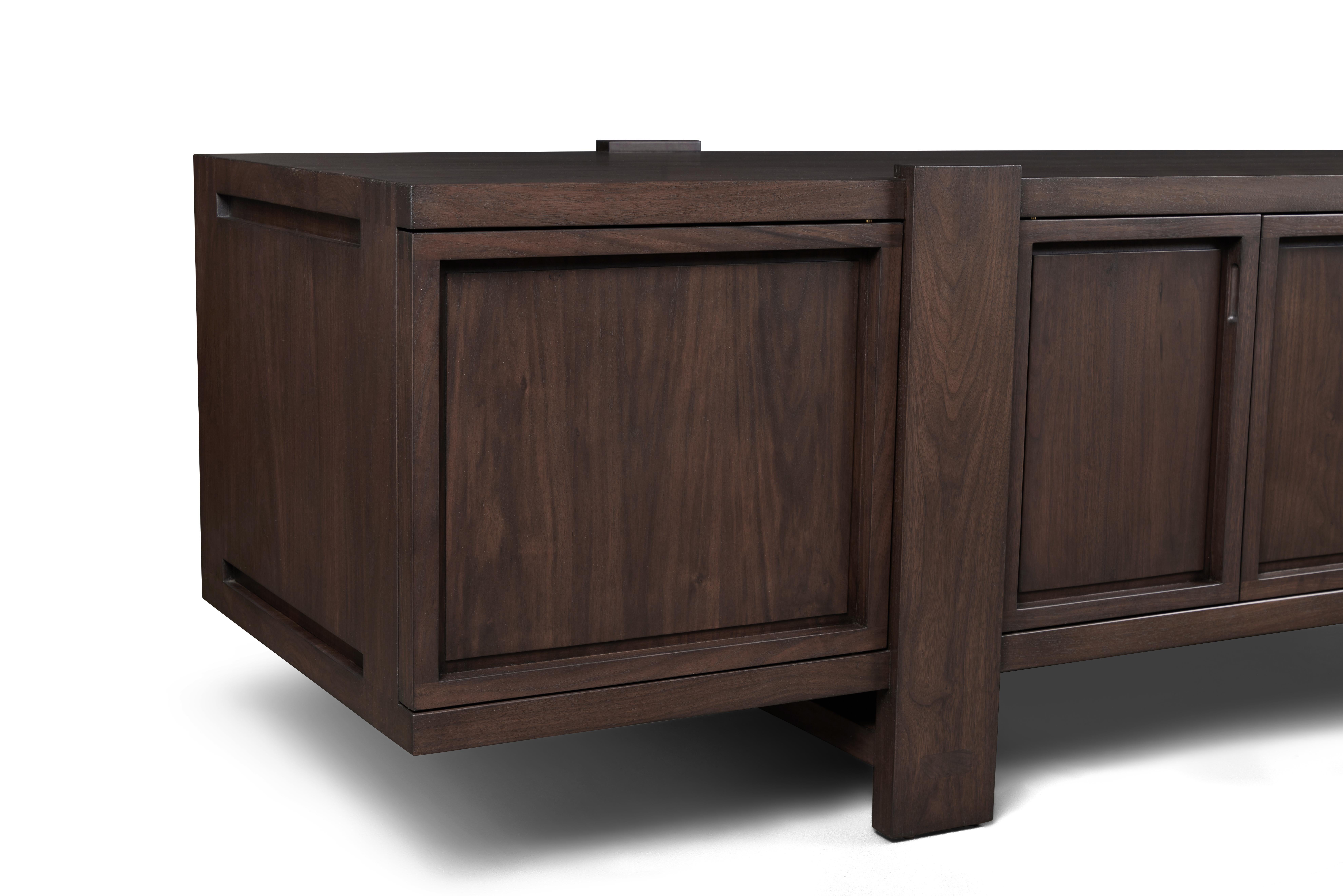 Wood Lake Credenza in Dark Walnut, with Interior Drawers, by August Abode For Sale