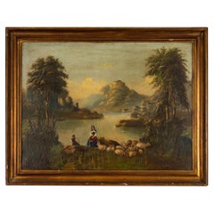 Antique Lake Romanticism Painting, 19th Century