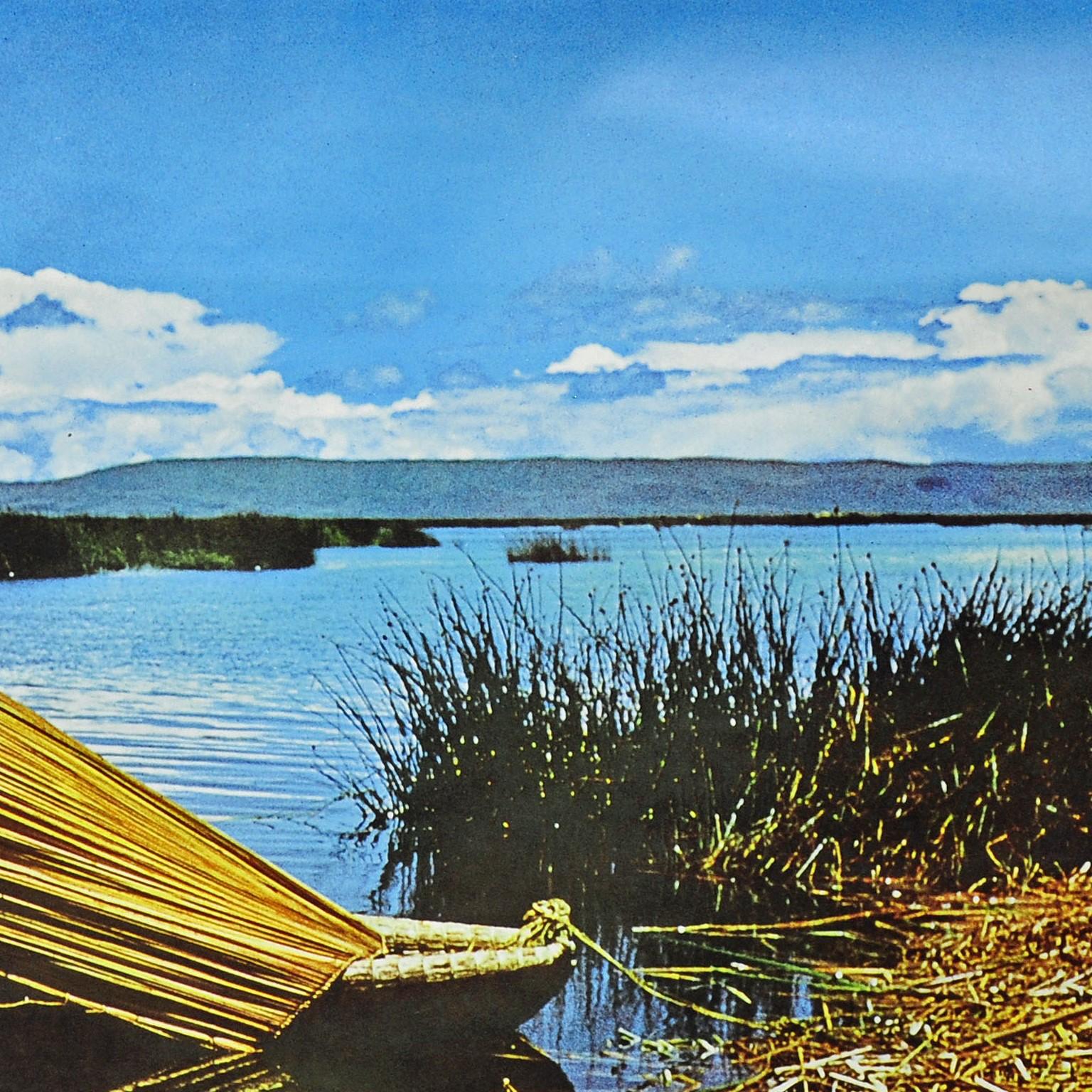 Country Lake Titicaca Reed Landscape Traditional Straw Boat Vintage Rollable Wall Chart For Sale