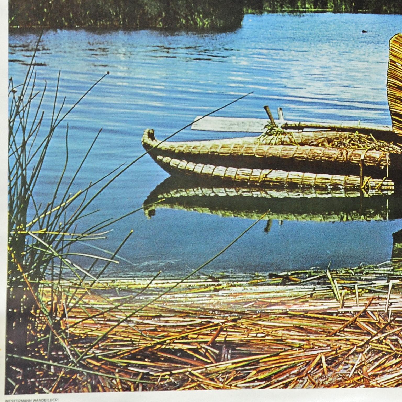German Lake Titicaca Reed Landscape Traditional Straw Boat Vintage Rollable Wall Chart For Sale