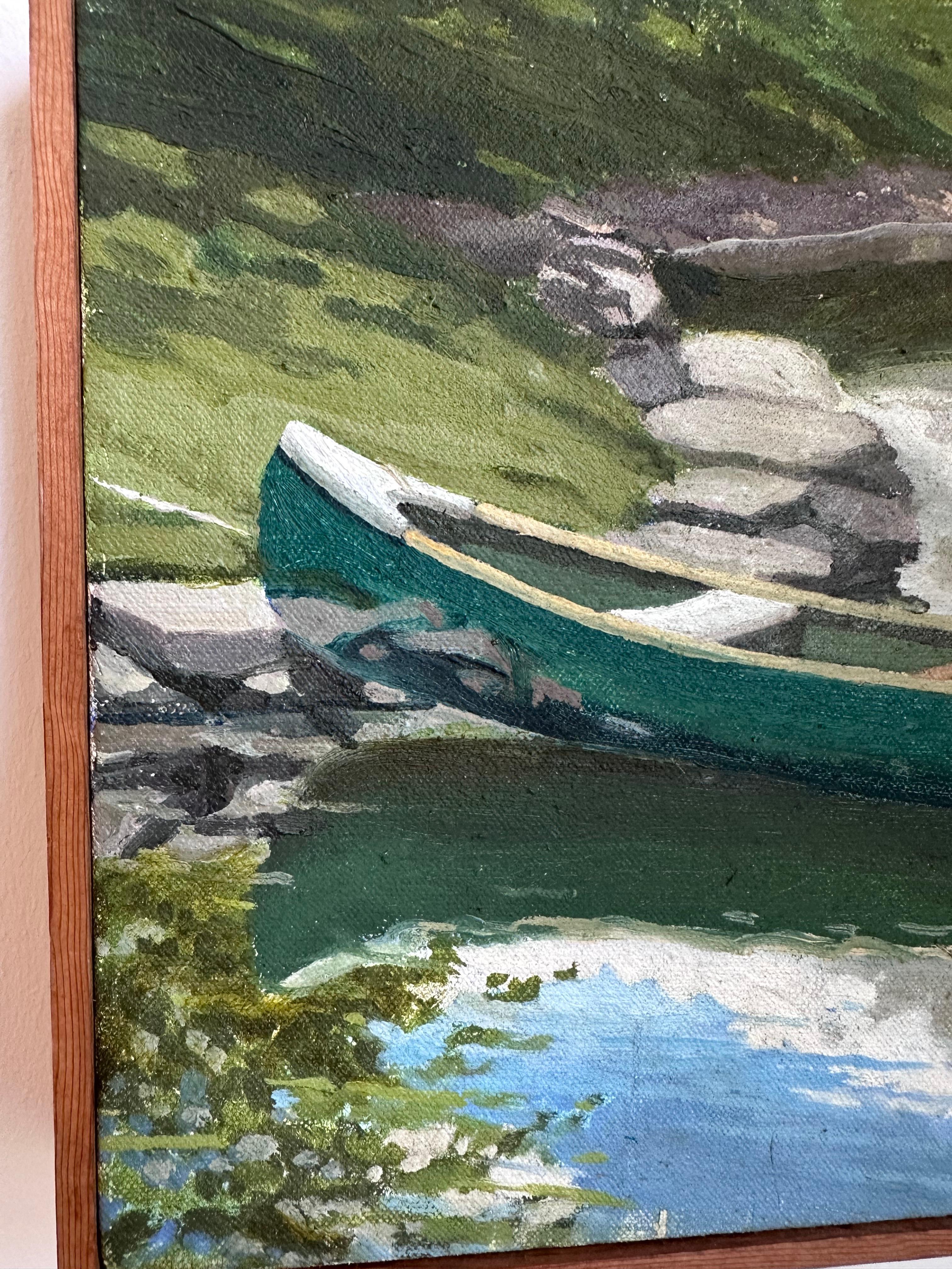 See mit Kanu Landschaft Originalgemälde Unbekannter Künstler (Ende des 20. Jahrhunderts) im Angebot