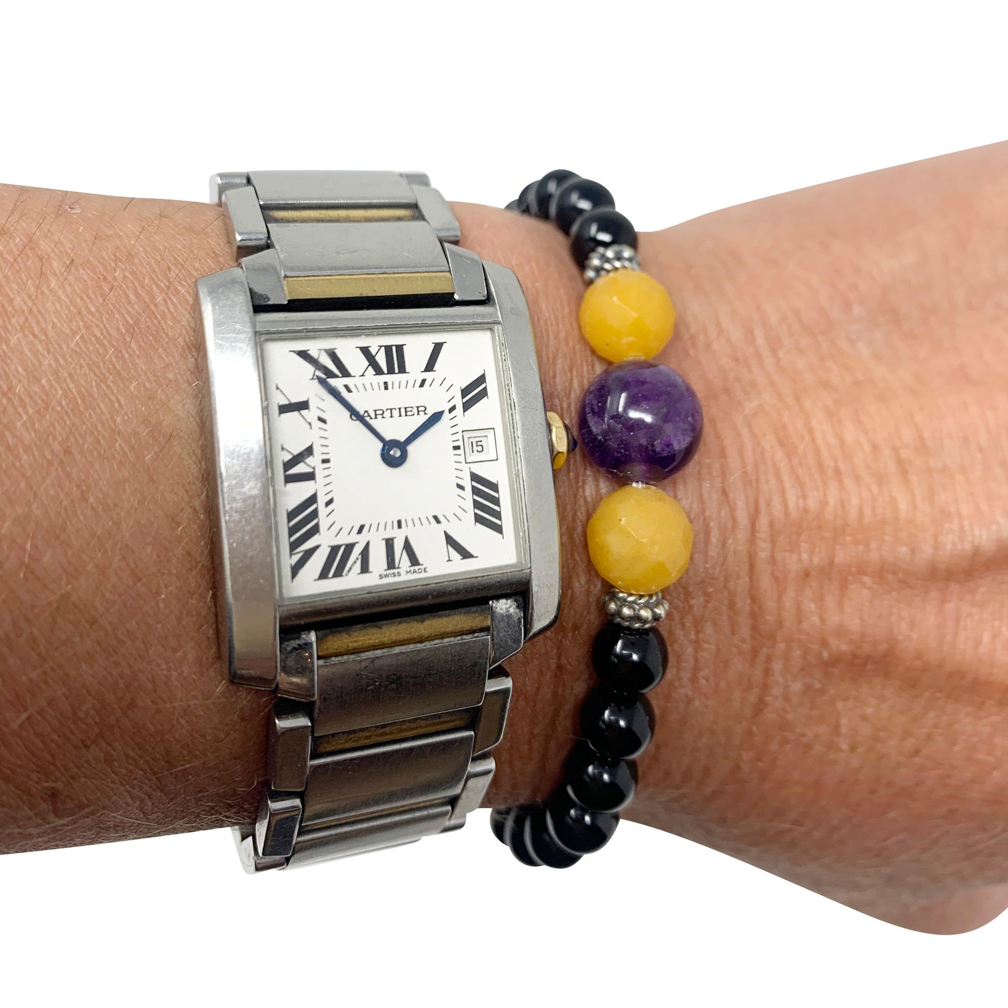In celebration of the 2020 NBA Champions; LA Lakers, a perfect bracelet for Laker Nation.  A tribute to Kobe Bryant's career and induction to the Hall of Fame.  It is comprised of purple amethyst, yellow jade, and black agate. 
Designed and handmade