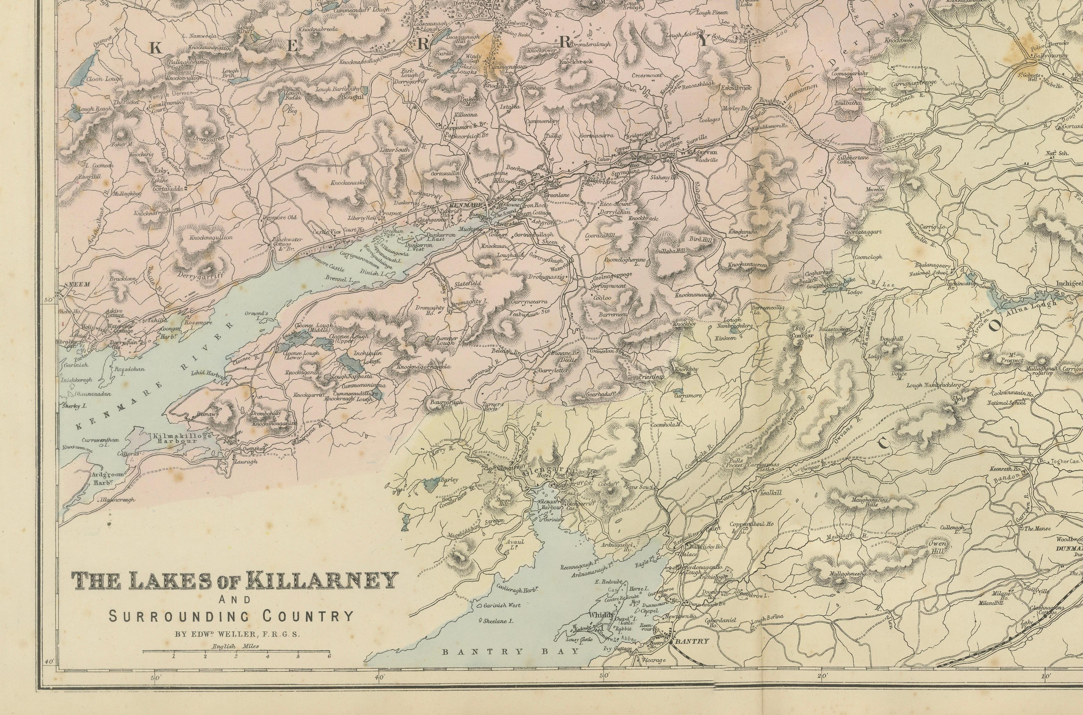 Lakes of Killarney Map, County Kerry Ireland, Bacon London, 1885