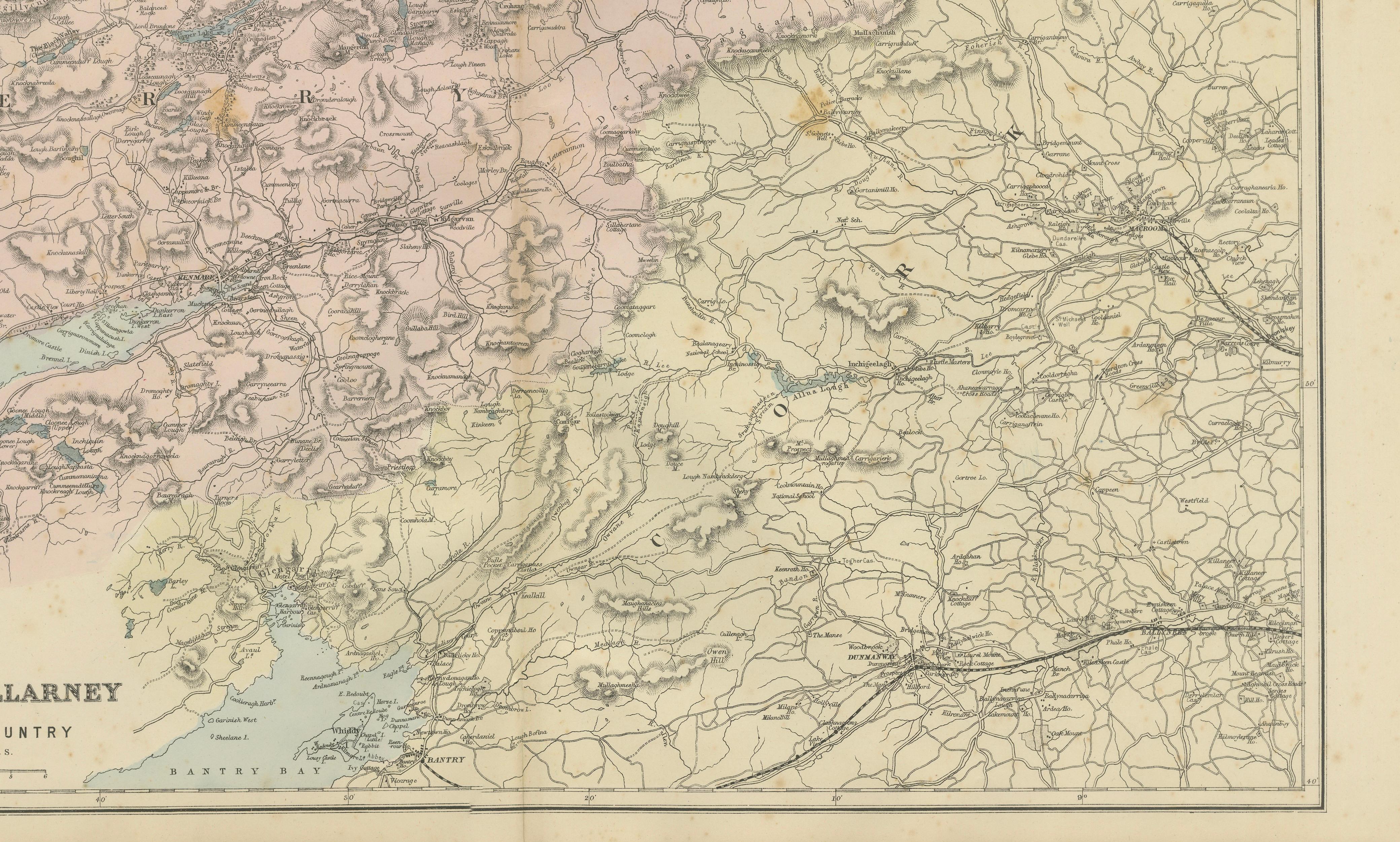 Lakes of Killarney Map, County Kerry Ireland, Bacon London, 1885