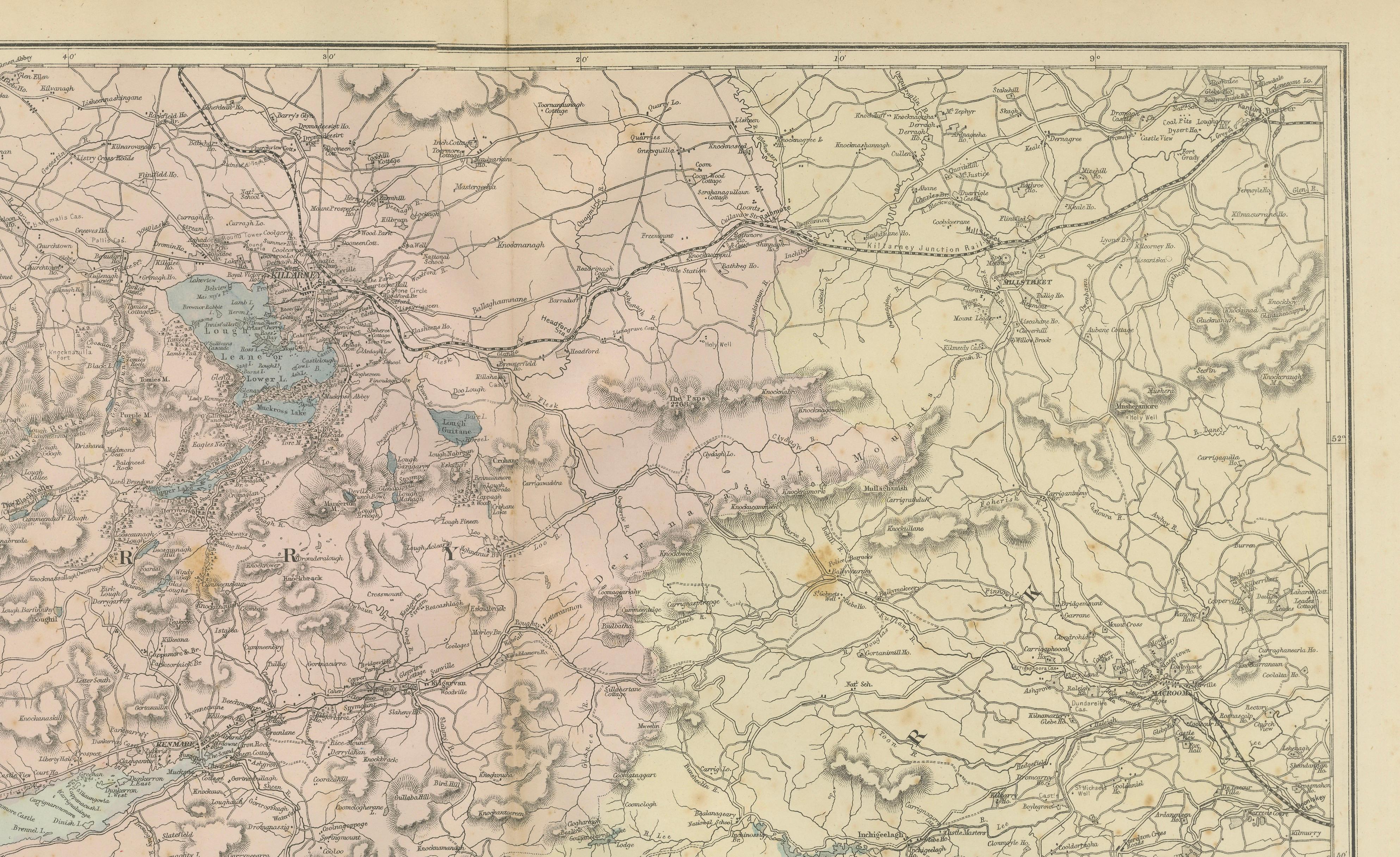Lakes of Killarney Map, County Kerry Ireland, Bacon London, 1885