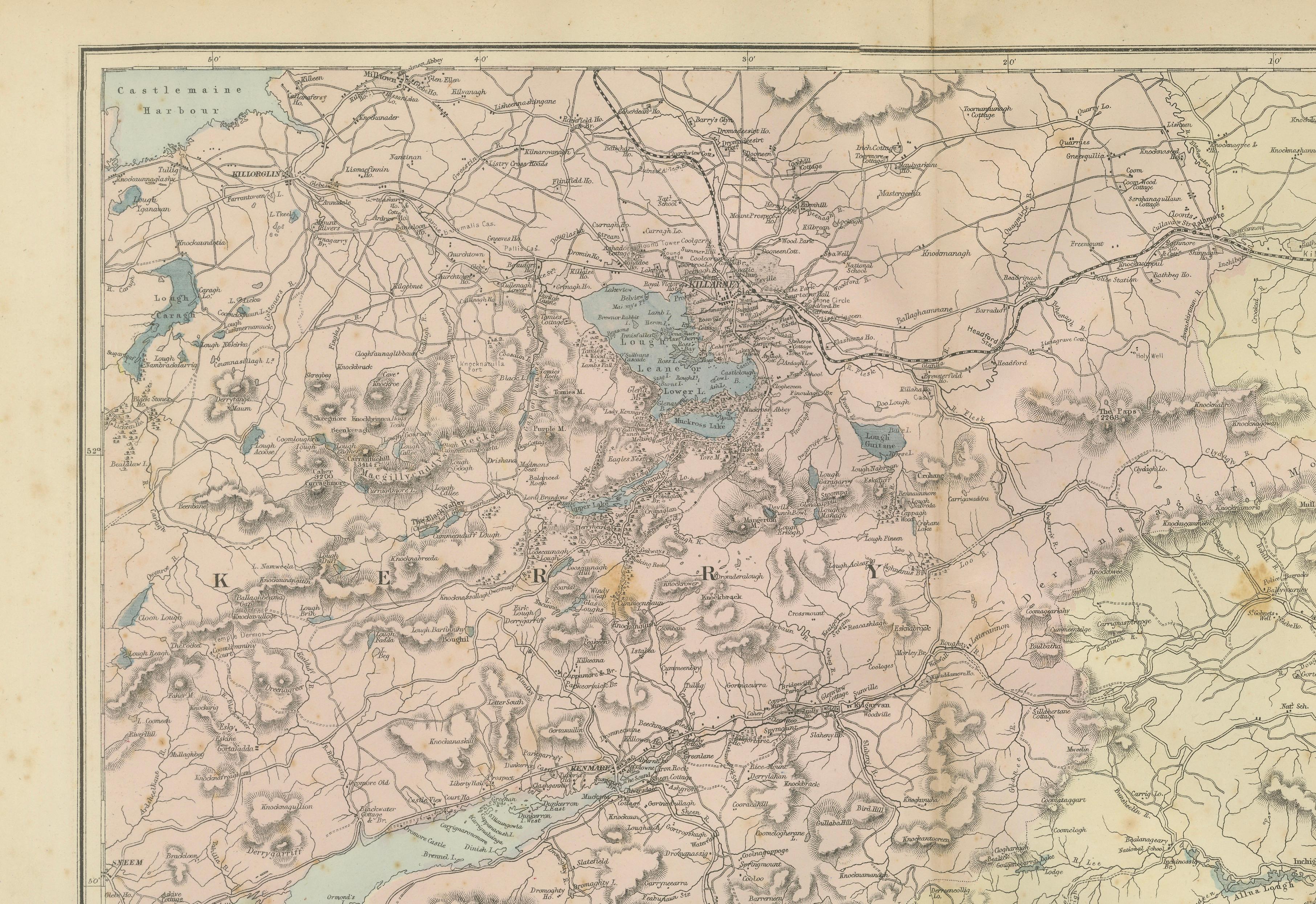 Lakes of Killarney Map, County Kerry Ireland, Bacon London, 1885