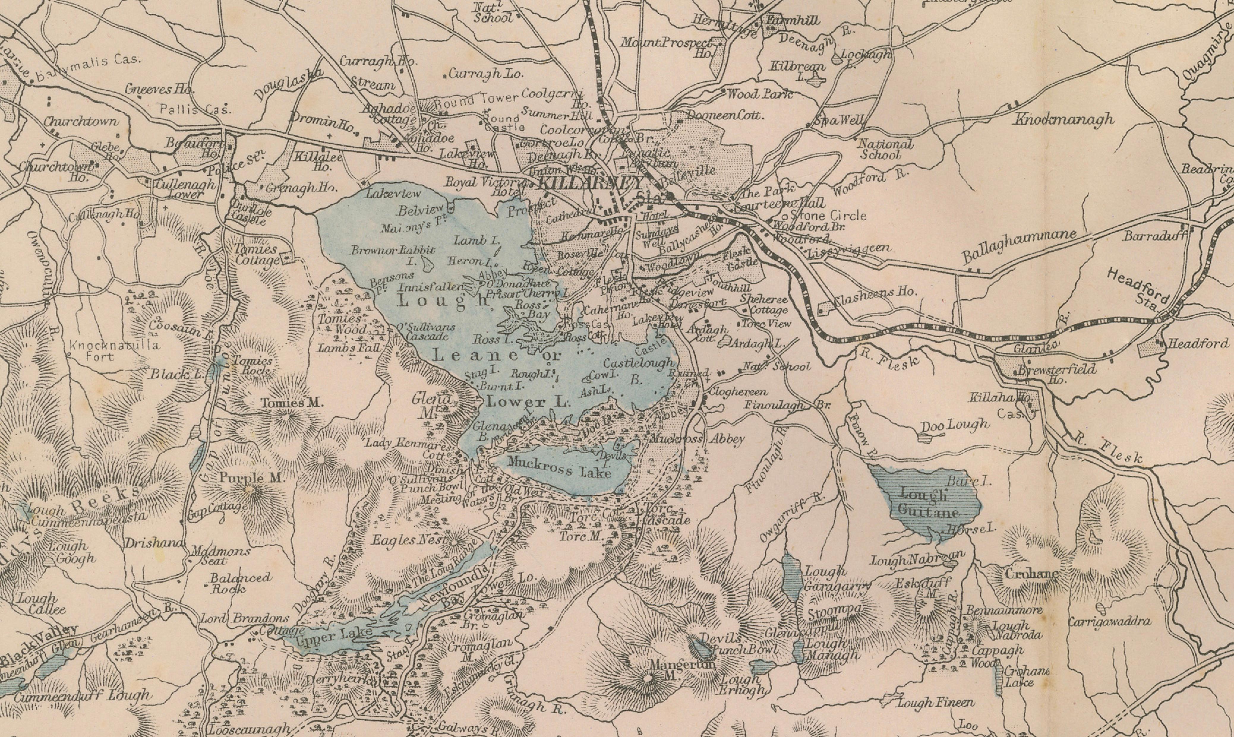 Lakes of Killarney Map, County Kerry Ireland, Bacon London, 1885