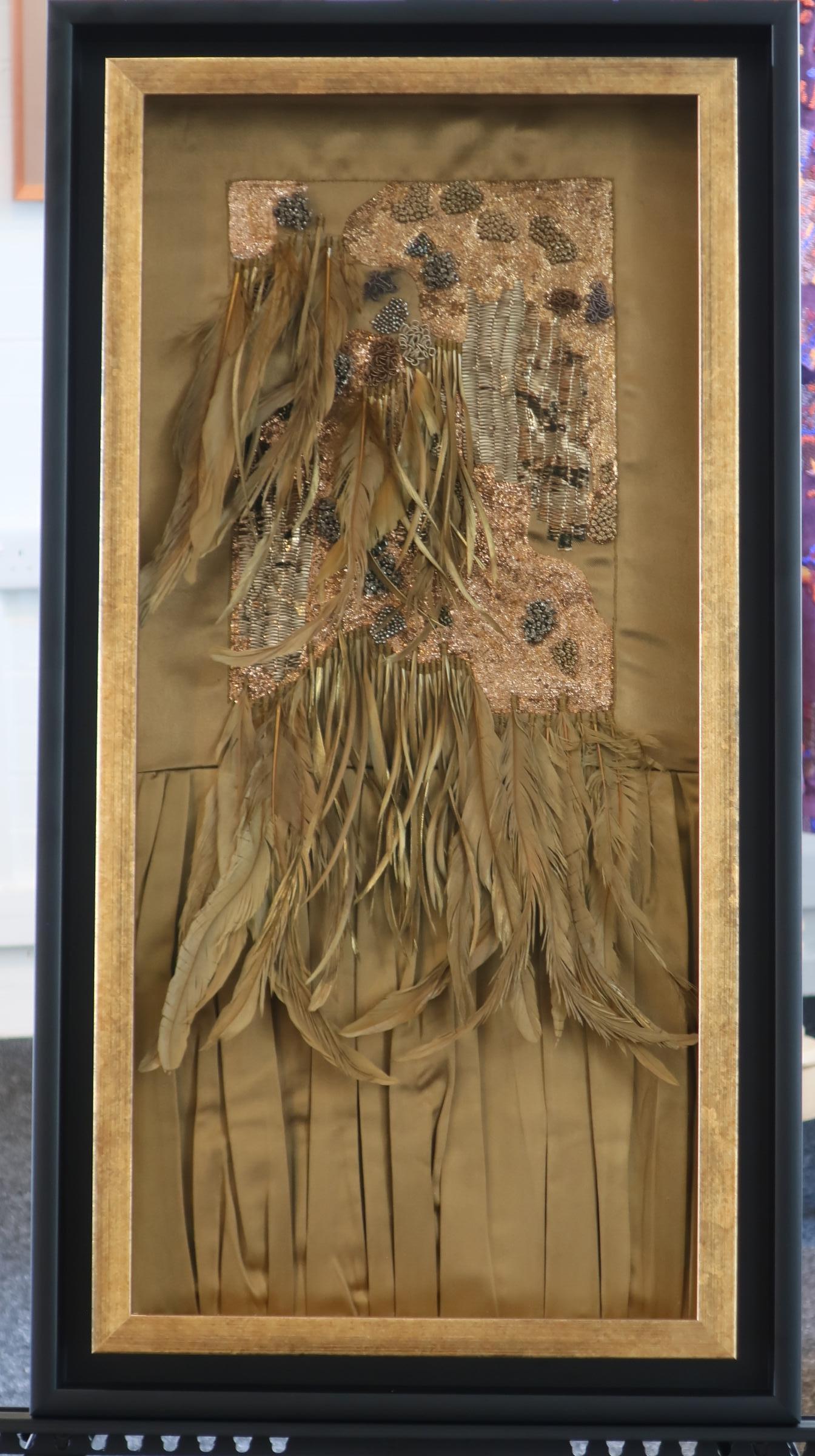 Beautiful piece of contemporary art that will be the focal point of the room.
Gold metallic embroidery. Gold bullions, pearls crushed, 3D beads, and flat gold metal yarn with hand-painted gold feathers.