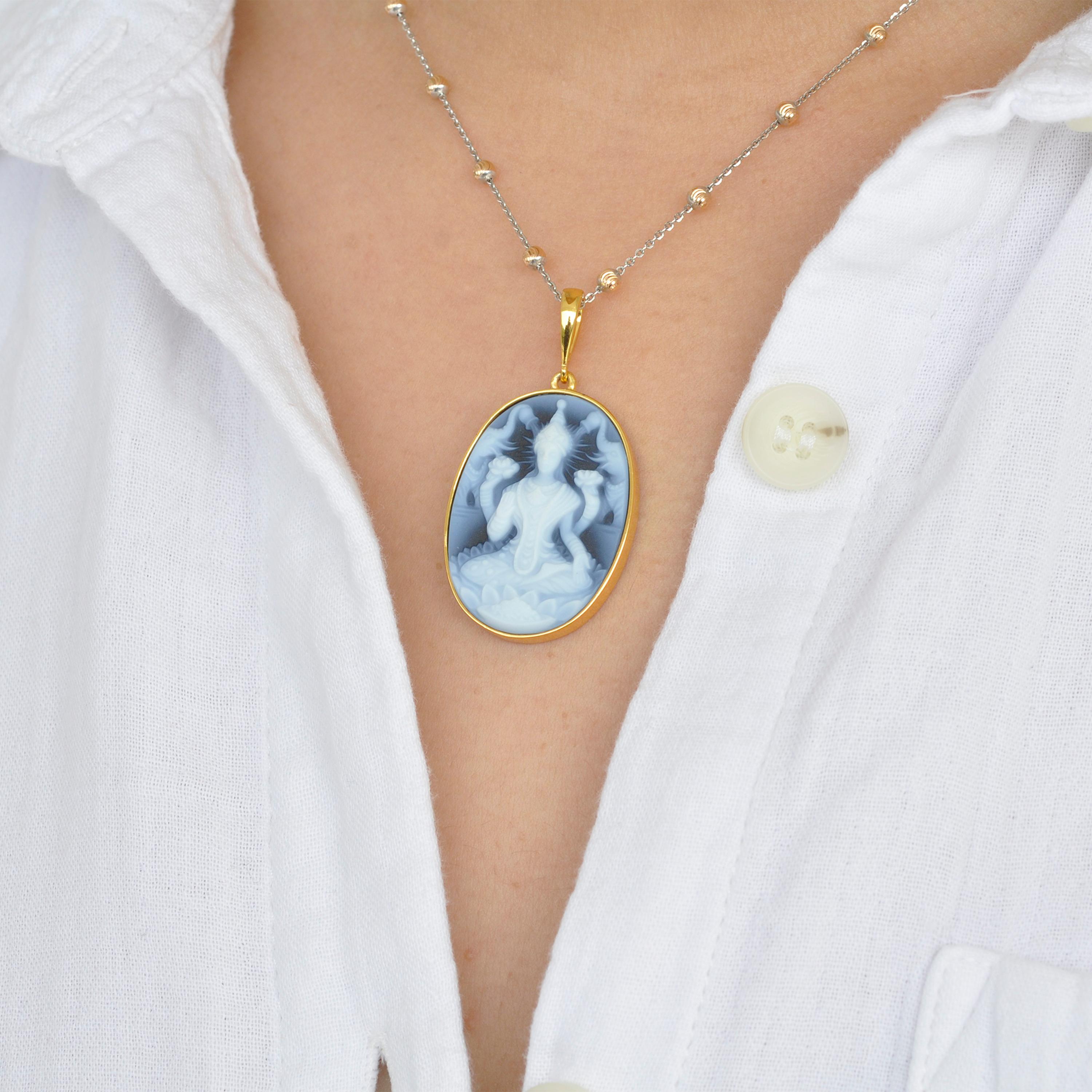 Contemporary Lakshmi Agate Cameo Carving Sterling Silver Pendant Necklace