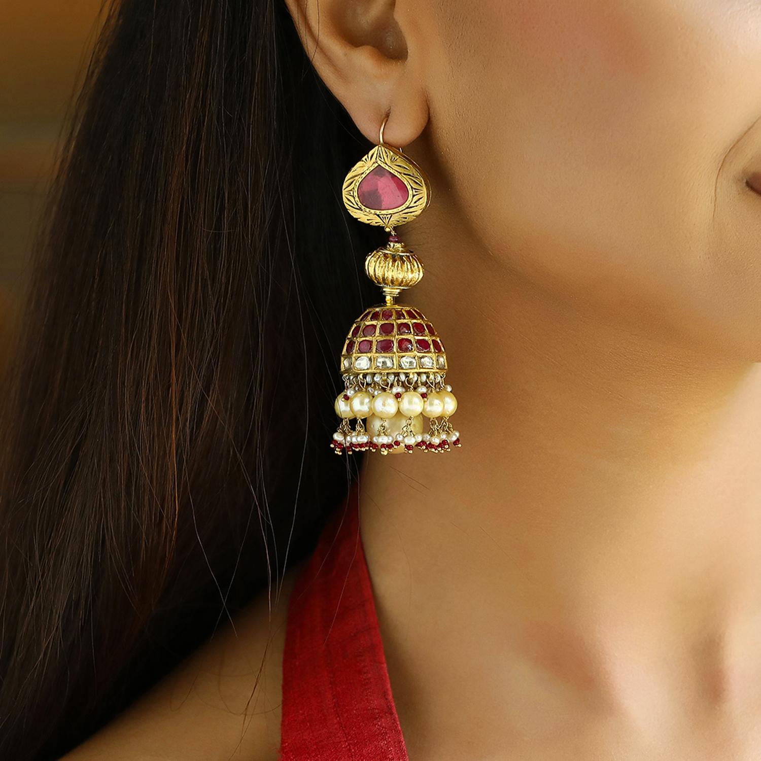 Artisan Lal pari jhumkas with rubies, pearls and polki by Vintage intention For Sale