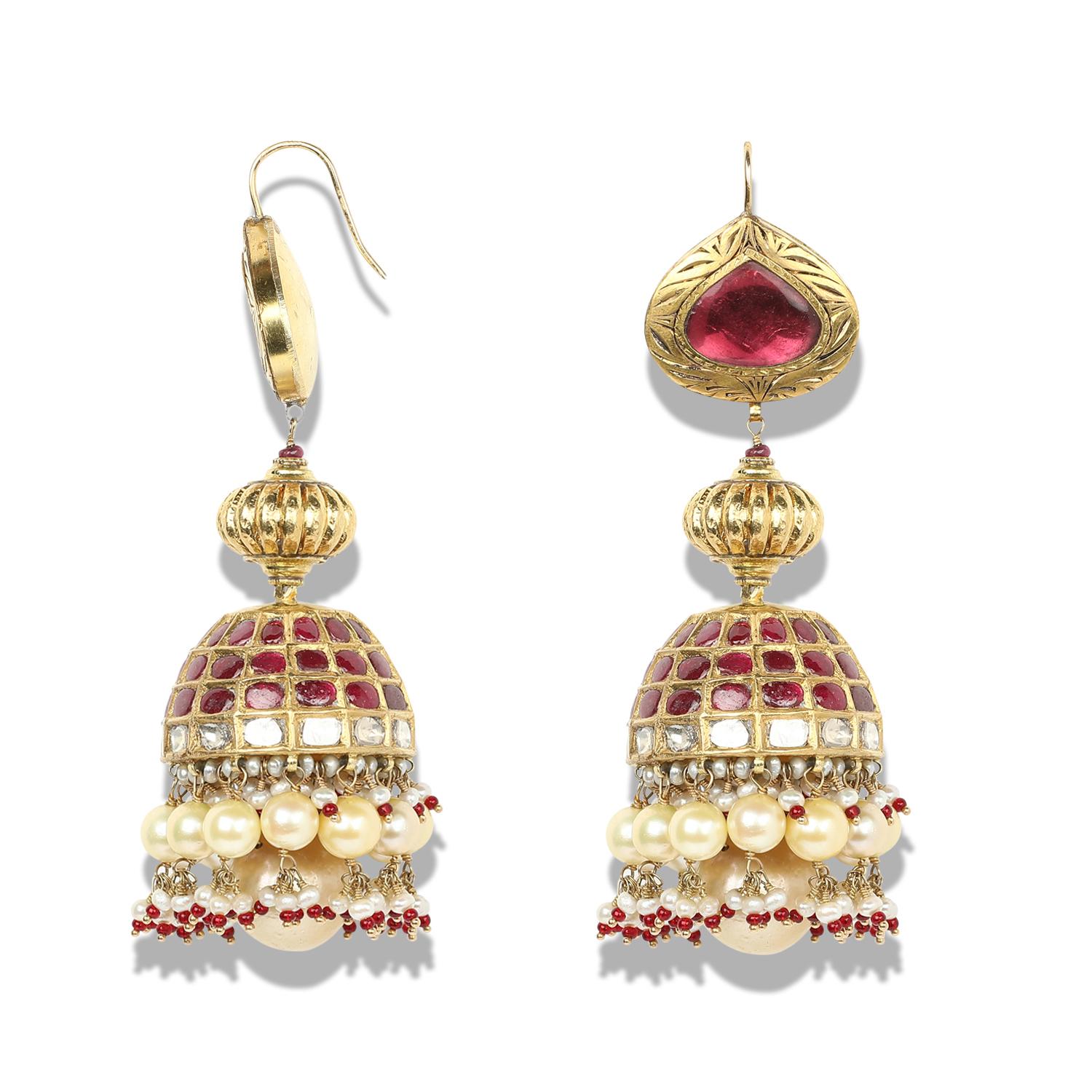 Mixed Cut Lal pari jhumkas with rubies, pearls and polki by Vintage intention For Sale