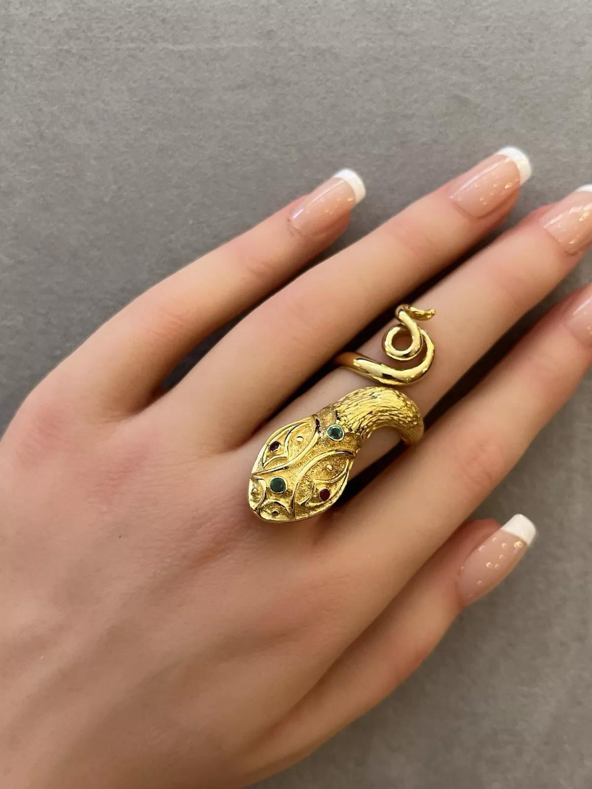 Round Cut Lalalounis Snake Ring with Ruby and Emeralds in 18k Yellow Gold For Sale