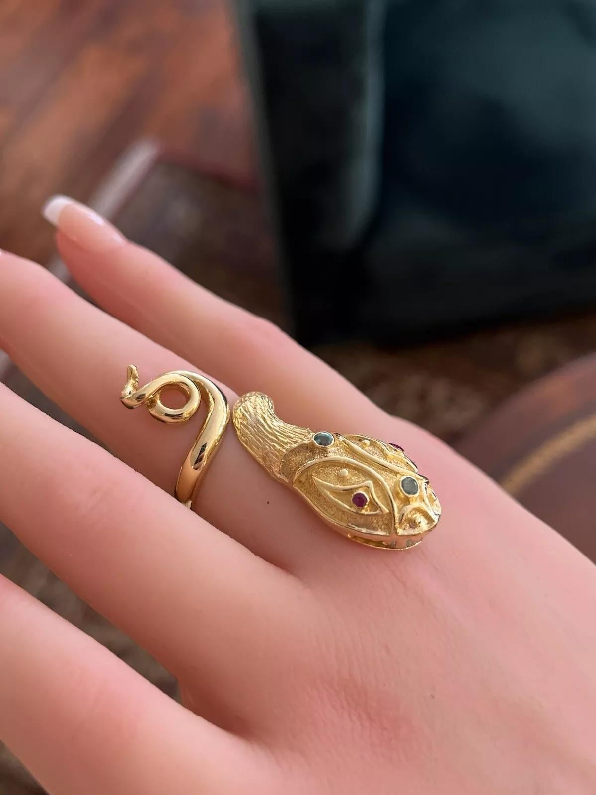 Women's Lalalounis Snake Ring with Ruby and Emeralds in 18k Yellow Gold For Sale