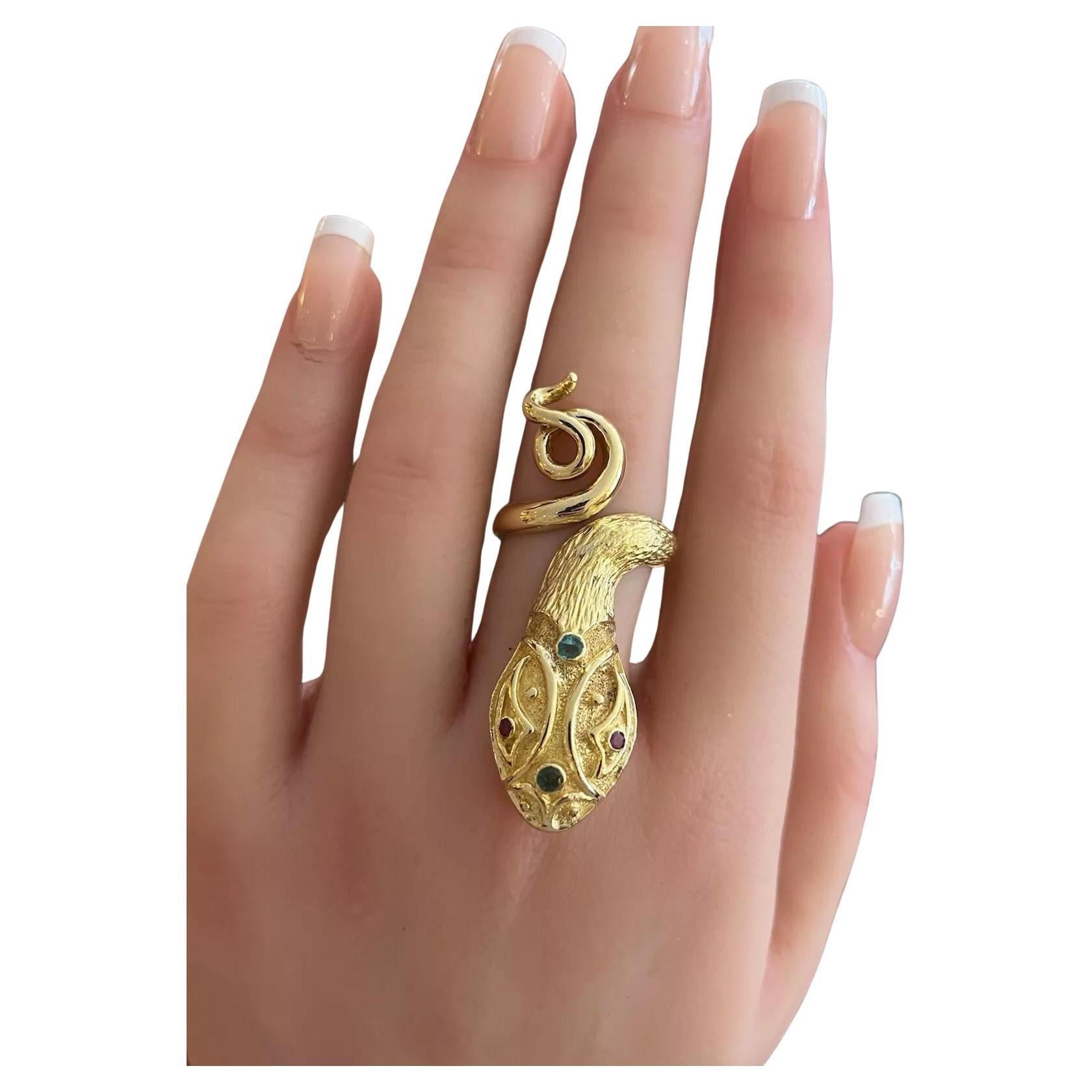 Lalalounis Snake Ring with Ruby and Emeralds in 18k Yellow Gold