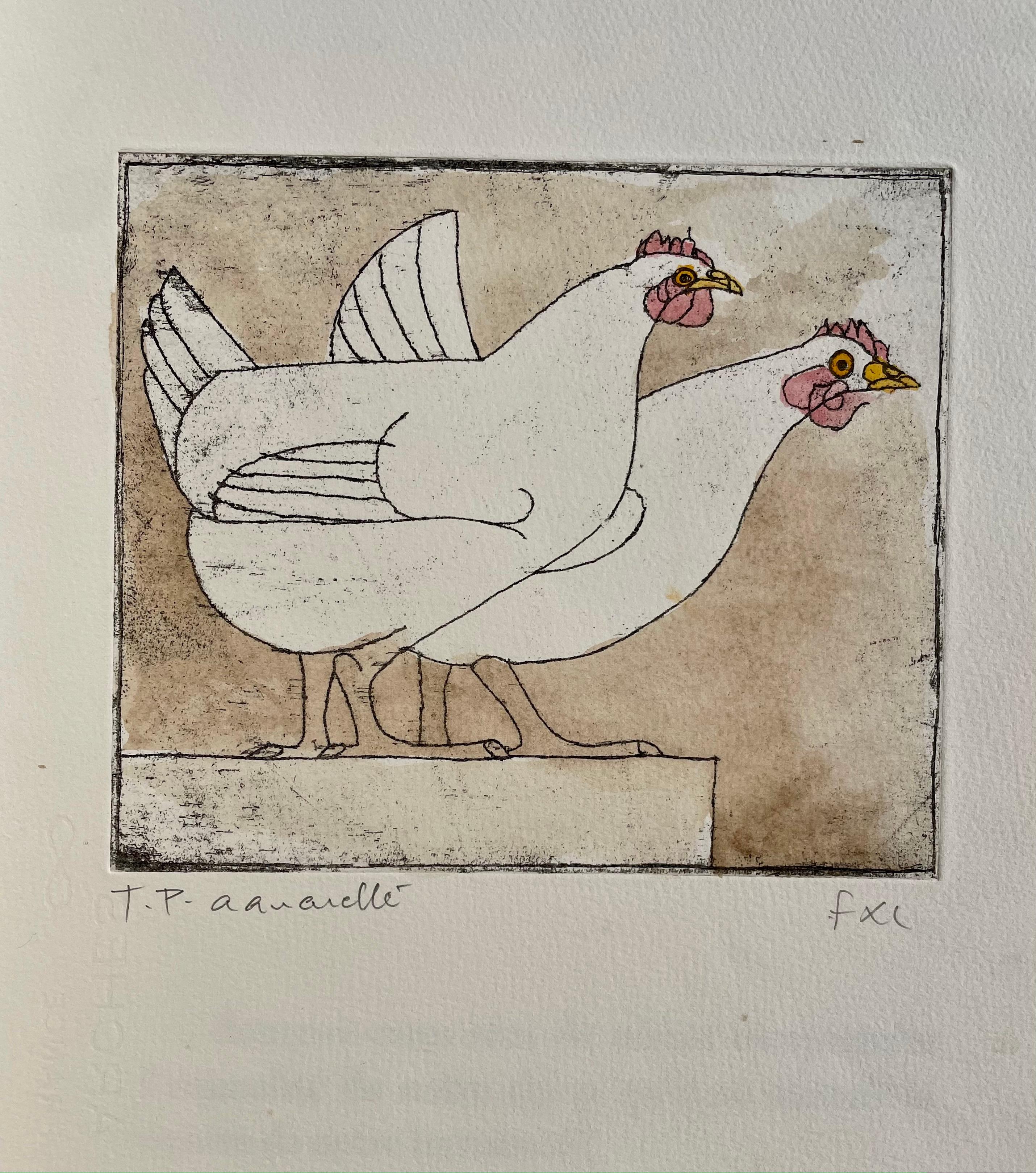Moderno Lalanne (1927-2008) Le galline, acquaforte di prova unica con lavaggio a inchiostro in vendita