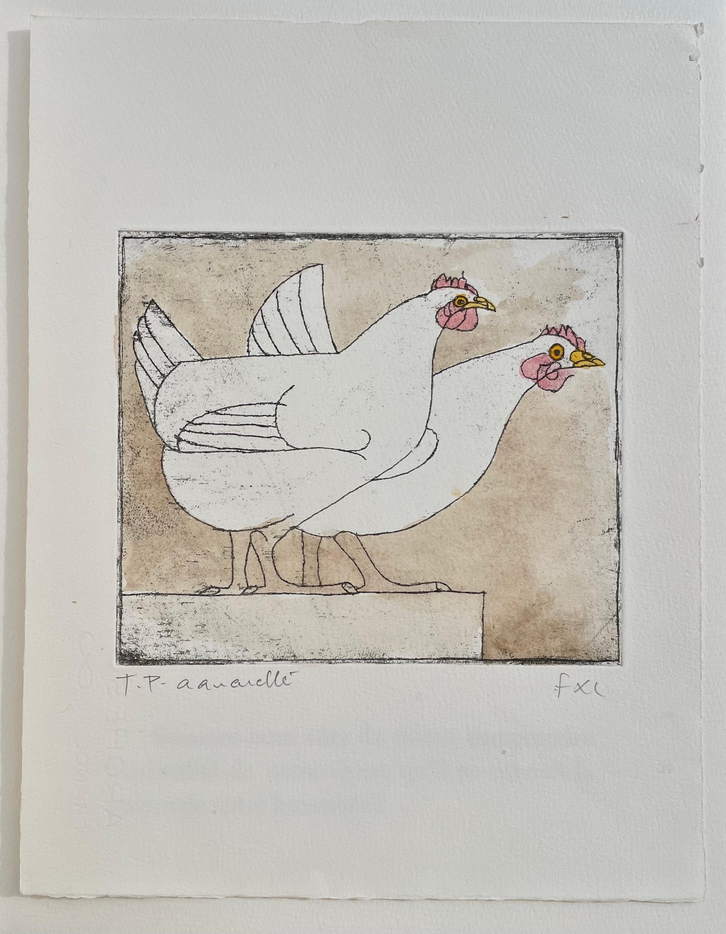 Francese Lalanne (1927-2008) Le galline, acquaforte di prova unica con lavaggio a inchiostro in vendita