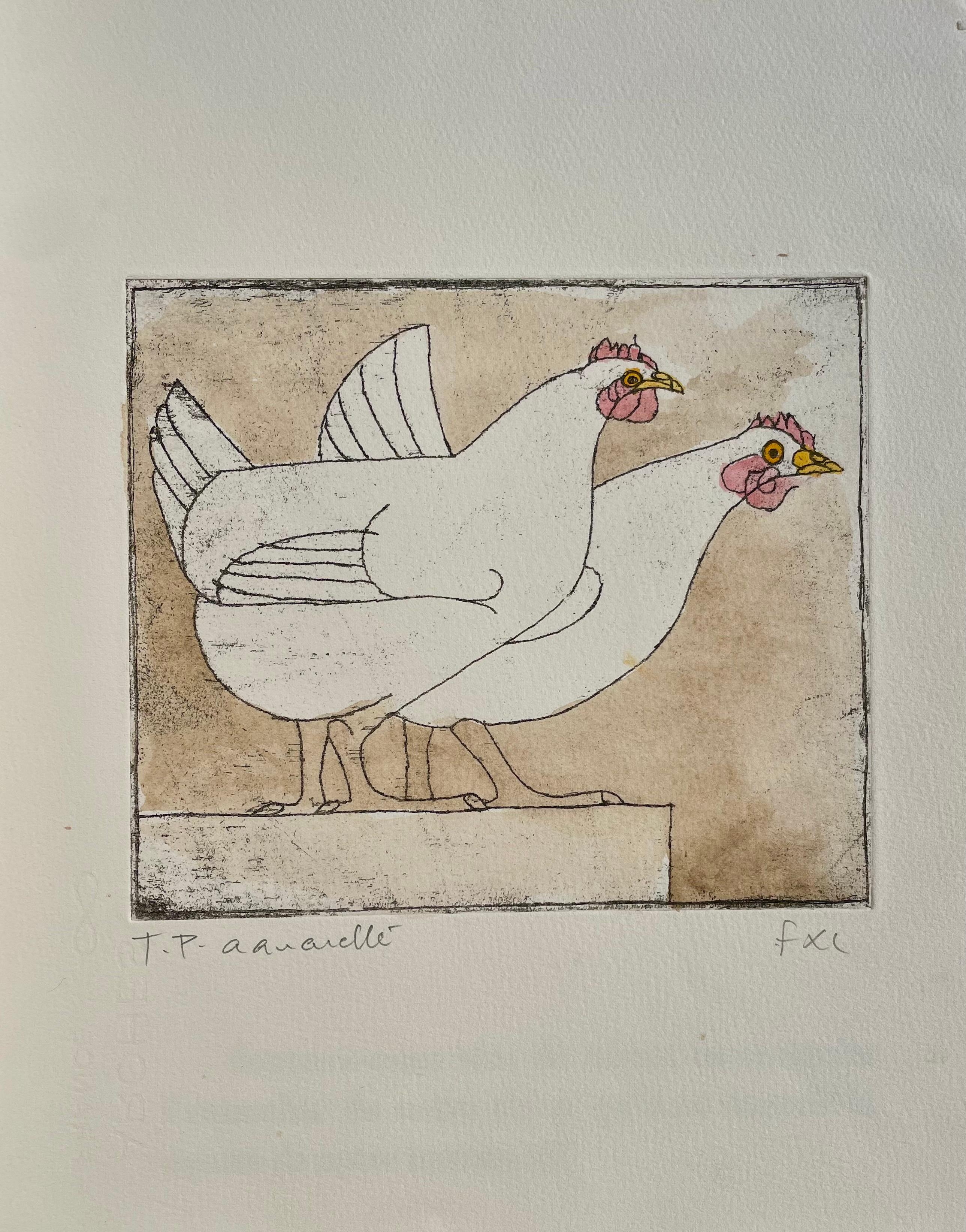 Lalanne (1927-2008) Le galline, acquaforte di prova unica con lavaggio a inchiostro In condizioni ottime in vendita a Saint ouen, FR