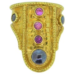 Lalaounis 18 Carat Yellow Gold and Multi-Gem Plaque Ring Lalaounis 18 Carat Yellow Gold and Multi-Gem Plaque Ring
