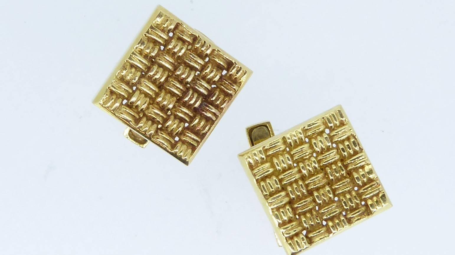 Pair of 18ct yellow gold square panel cufflinks by Lalaounis. Maker's marks for Lalaounis to each cufflink and also stamped 