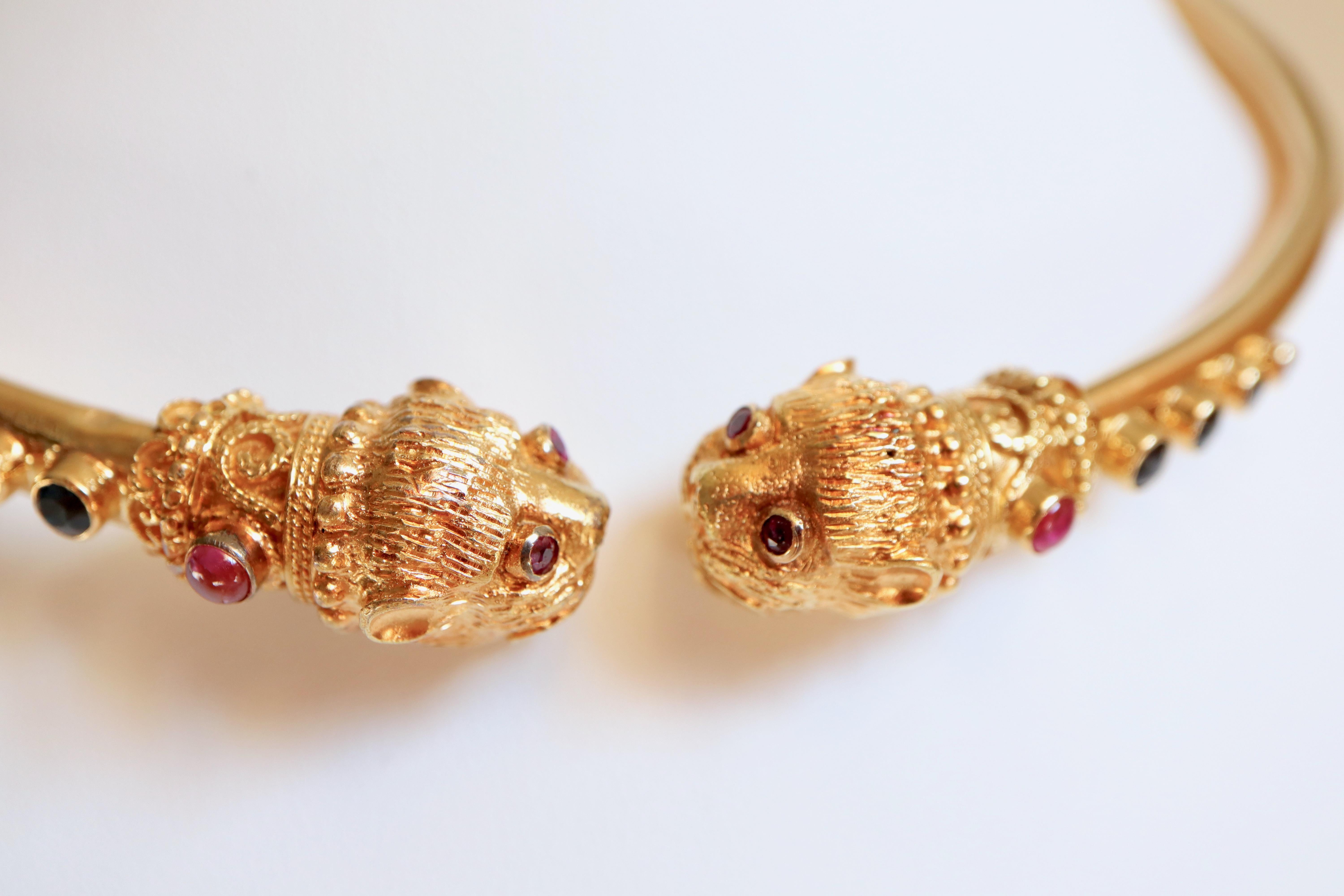 Women's Lalaounis 18 Carat Yellow Gold, Sapphires and Rubies Lion Heads Necklace For Sale