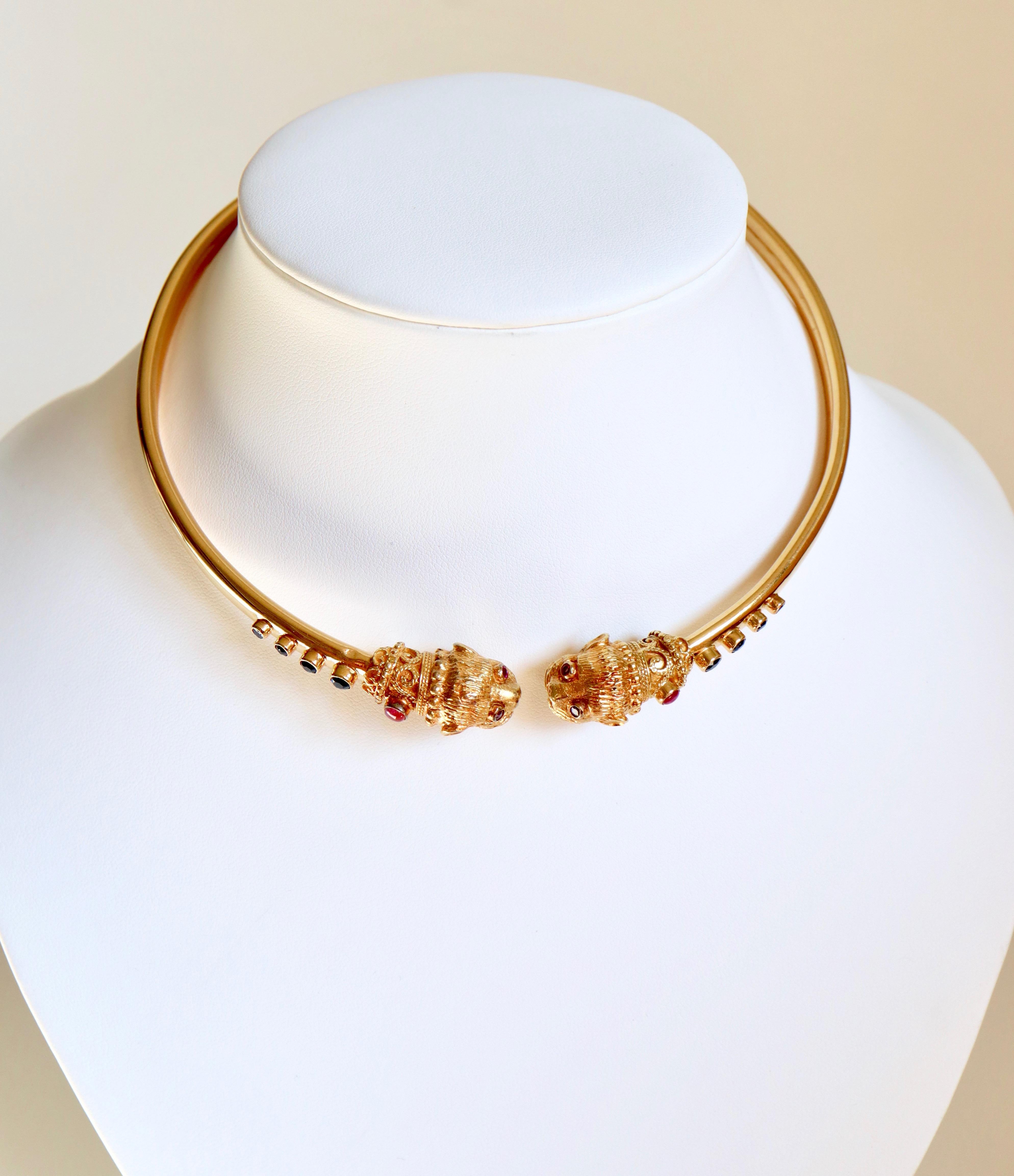 Lalaounis 18 Carat Yellow Gold, Sapphires and Rubies Lion Heads Necklace For Sale 1