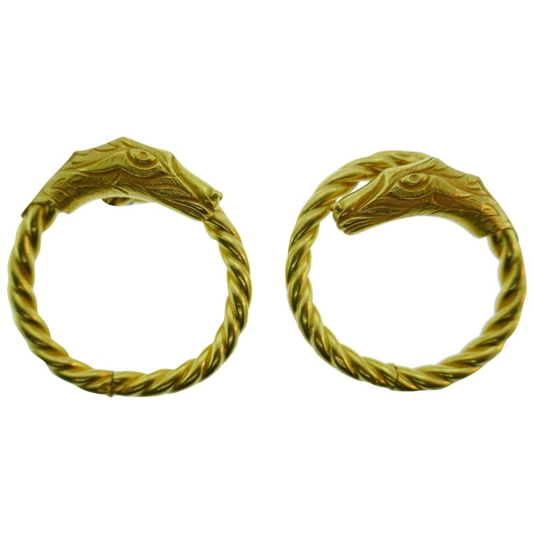 Lalaounis 18 Karat Yellow Gold Dragon Clip On Hoop Earrings Vintage Greek Made At 1stdibs