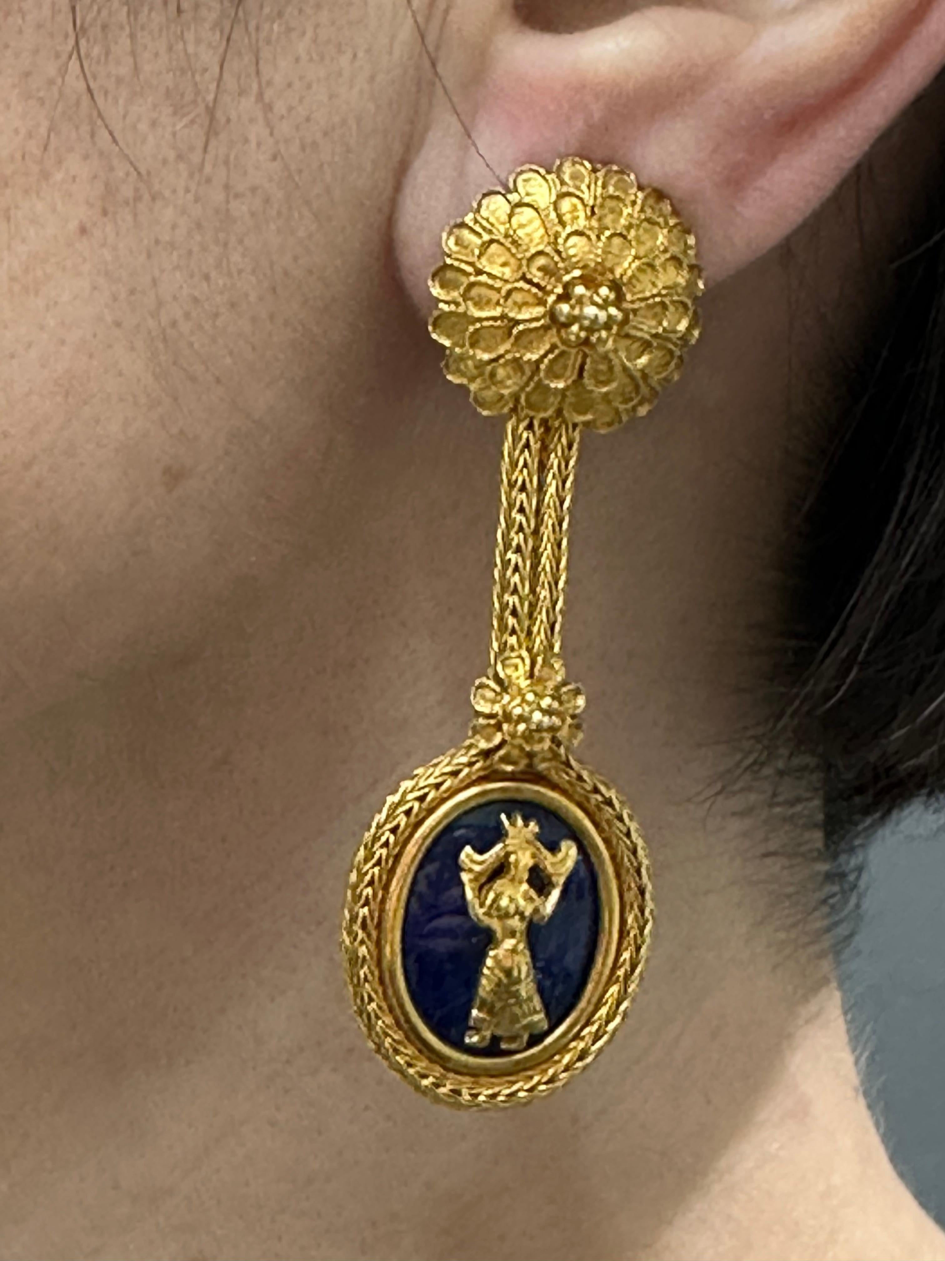 Oval Cut Lalaounis 18k gold and lapis lazuli antique style clip-on dangly earrings For Sale