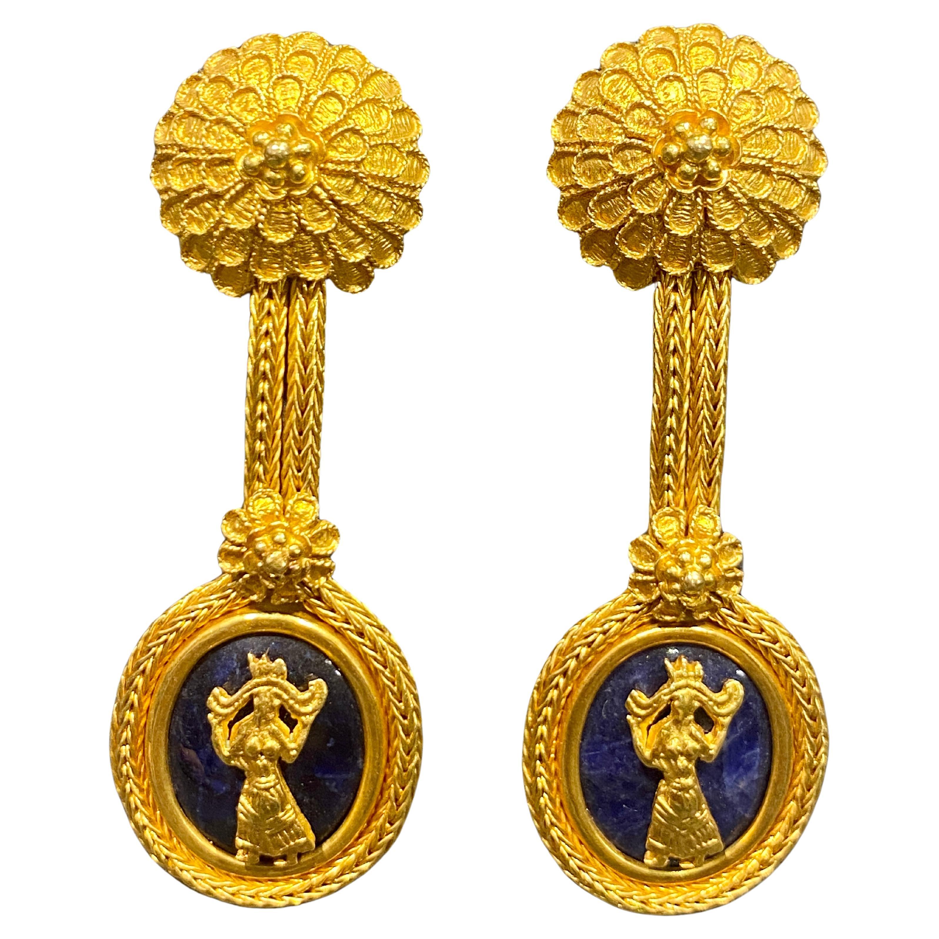 Lalaounis 18k gold and lapis lazuli antique style clip-on dangly earrings For Sale