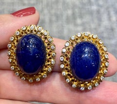 Lalaounis 18k gold cabochon lapis and diamond earrings