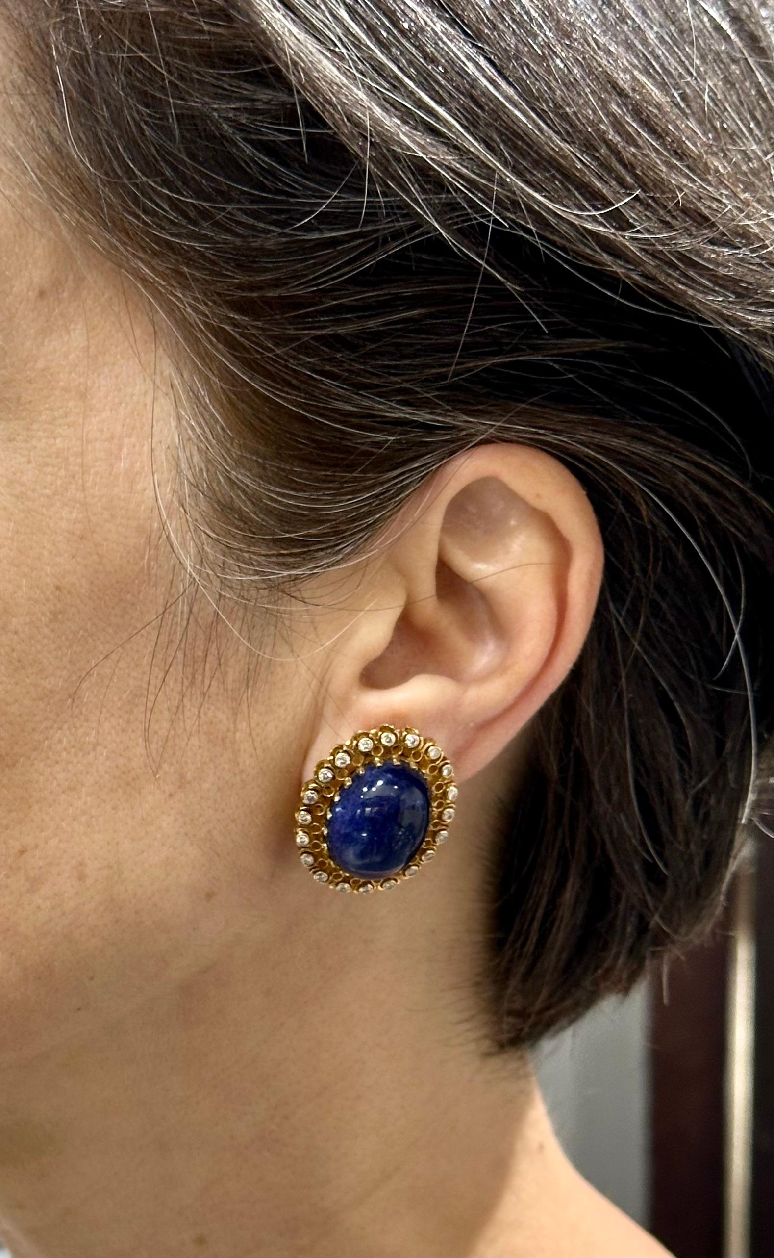 Contemporary Lalaounis 18k gold cabochon lapis and diamond earrings For Sale