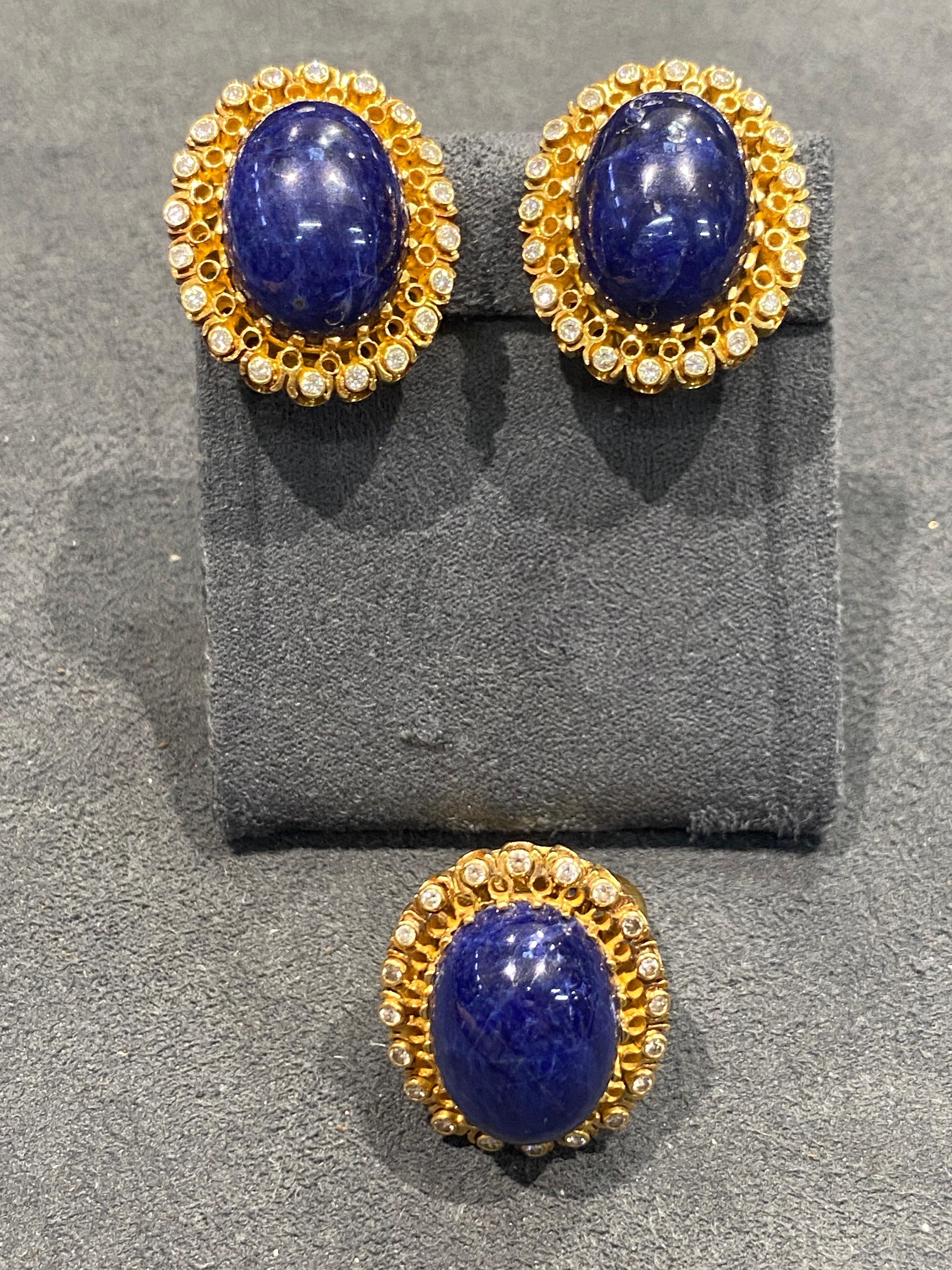 Round Cut Lalaounis 18k gold cabochon lapis and diamond earrings For Sale