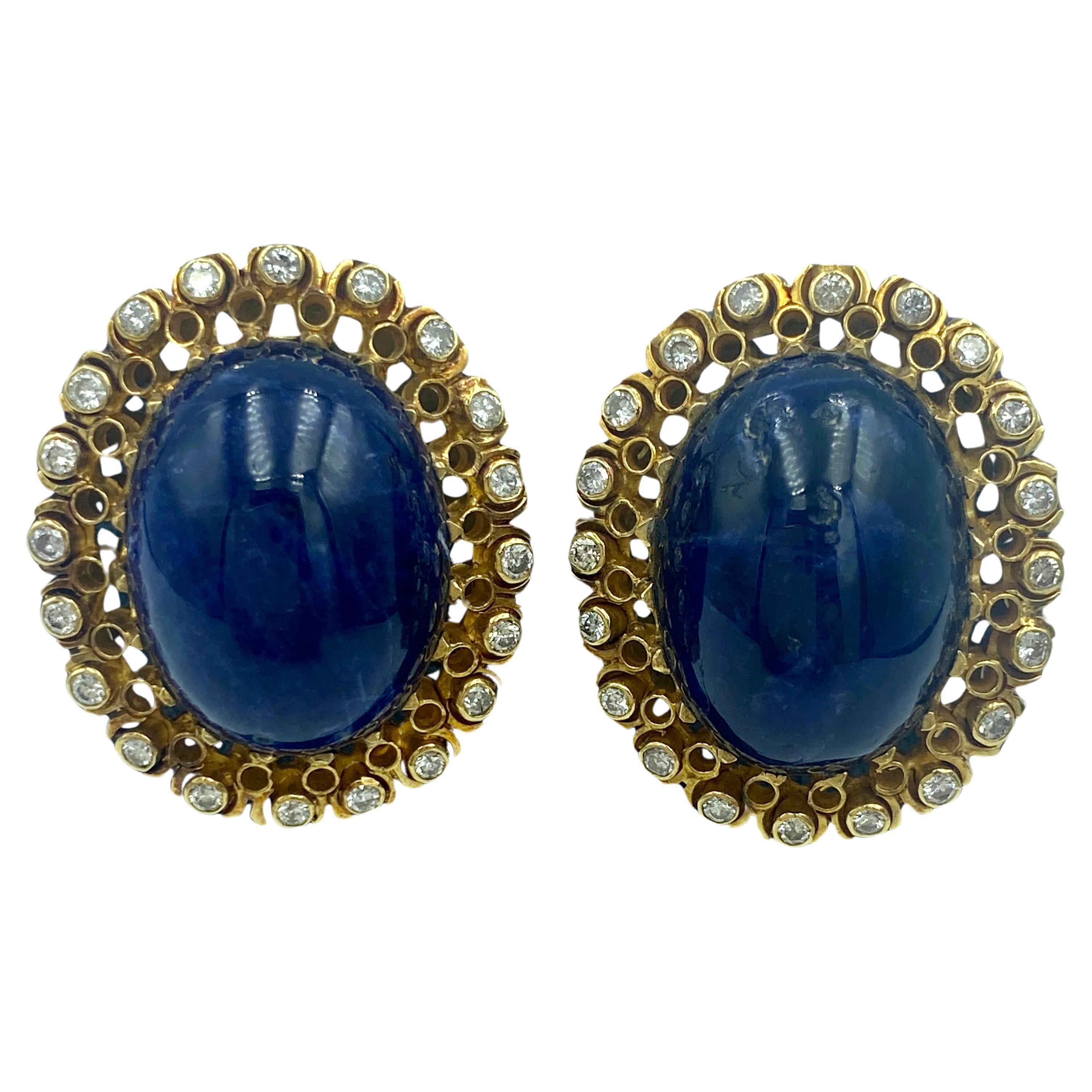 Lalaounis 18k gold cabochon lapis and diamond earrings For Sale