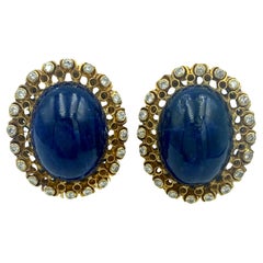 Retro Lalaounis 18k gold cabochon lapis and diamond earrings