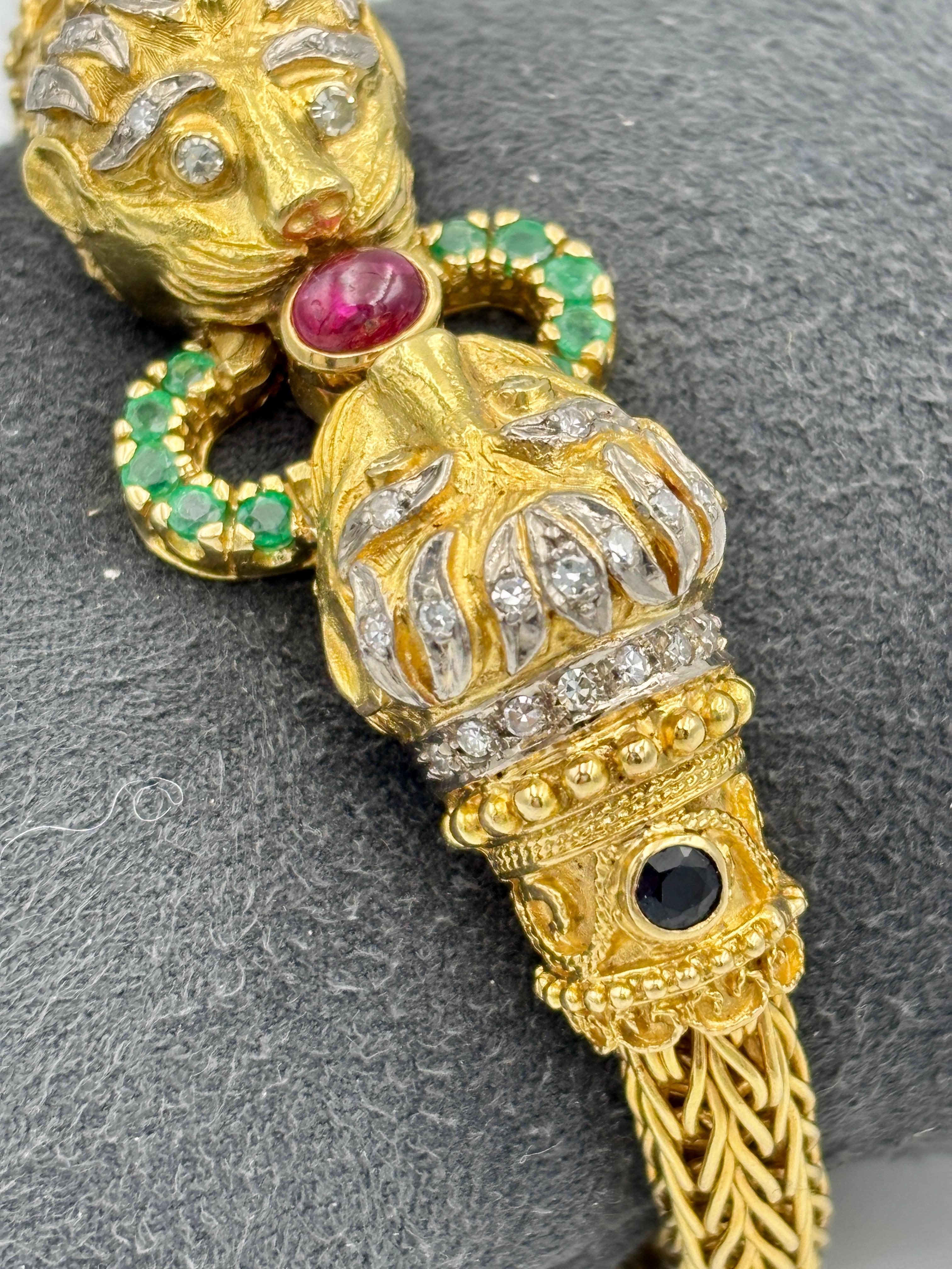 Lalaounis 18k gold lion's head bangle with diamonds, rubies, emeralds, sapphires For Sale 4