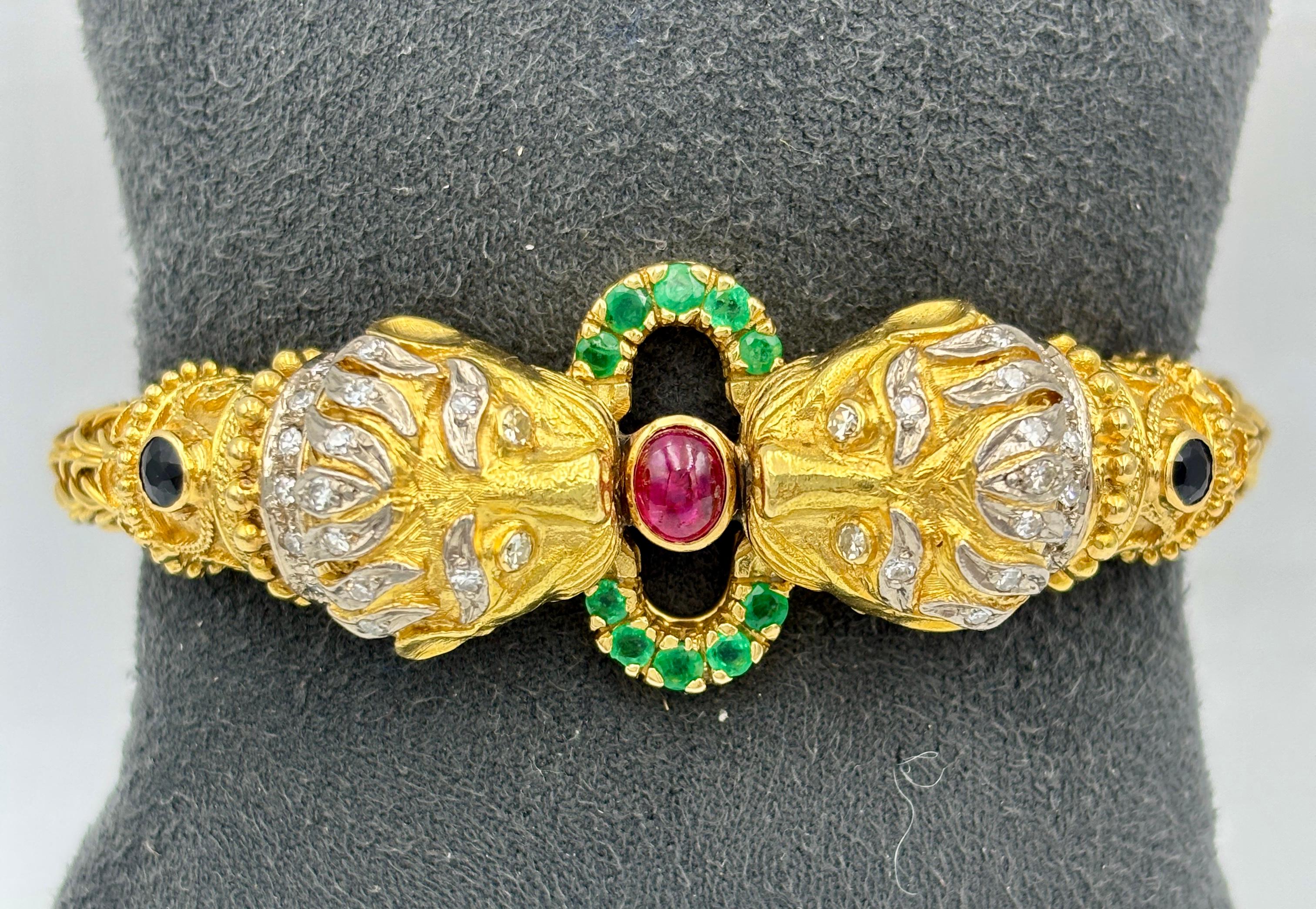 Lalaounis 18k gold lion's head bangle with diamonds, rubies, emeralds, sapphires For Sale 2