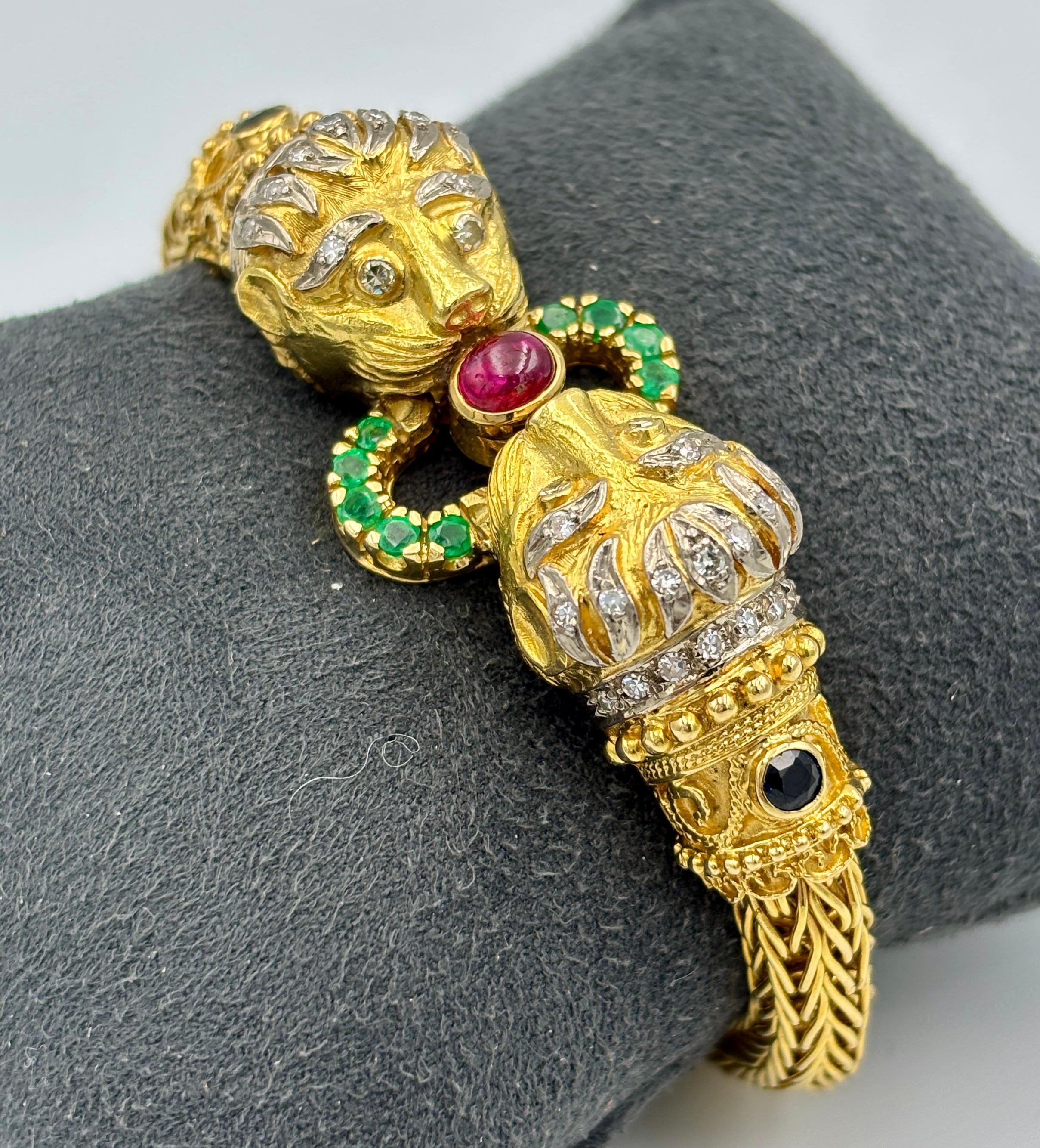 Lalaounis 18k gold lion's head bangle with diamonds, rubies, emeralds, sapphires For Sale 3