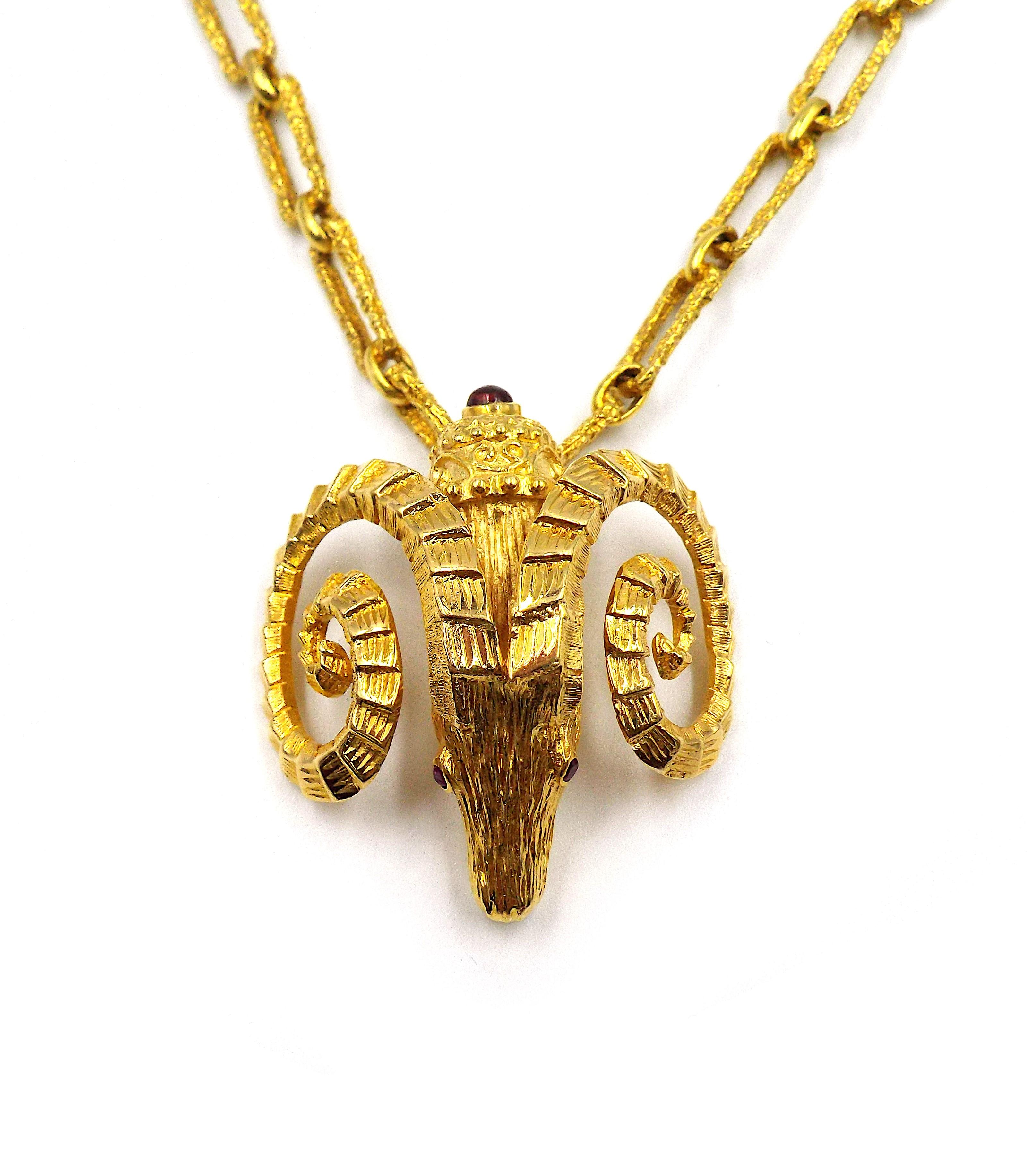 Lalaounis 18K Gold Long Chain with Zolotas Ram's Head 18K Gold Ruby ...