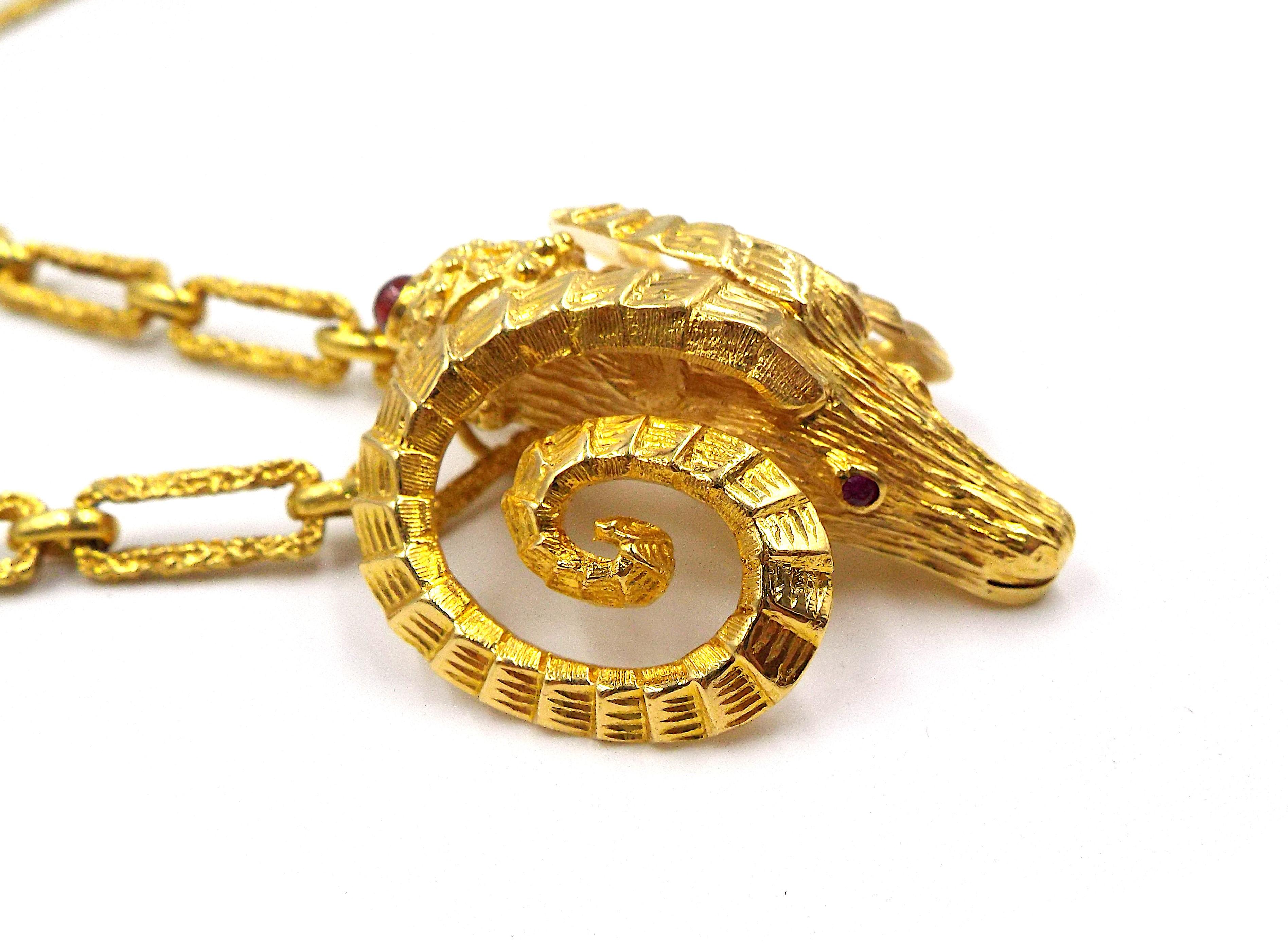 Lalaounis 18K Gold Long Chain with Zolotas Ram's Head 18K Gold Ruby ...