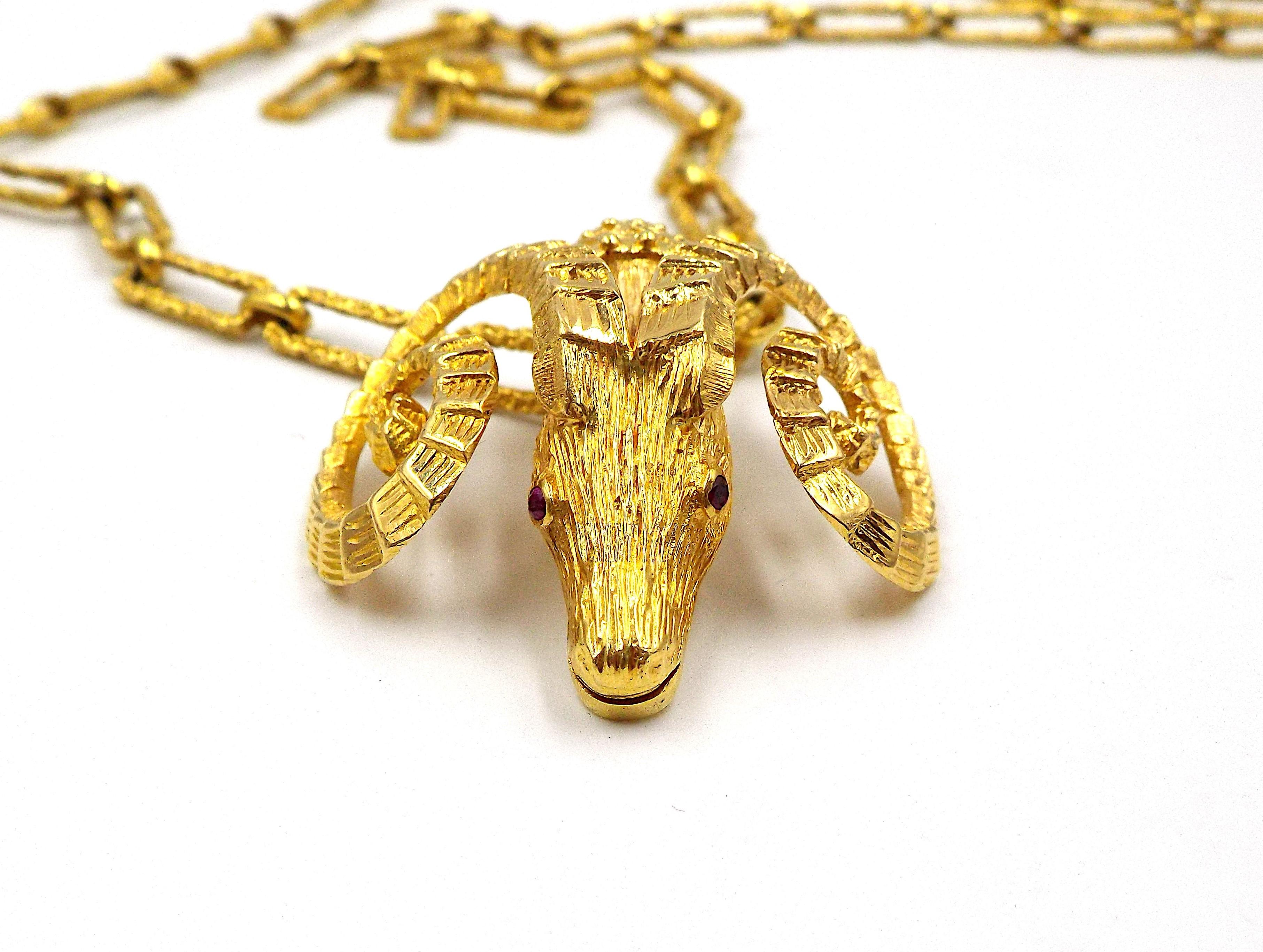 Lalaounis 18K Gold Long Chain with Zolotas Ram's Head 18K Gold Ruby ...