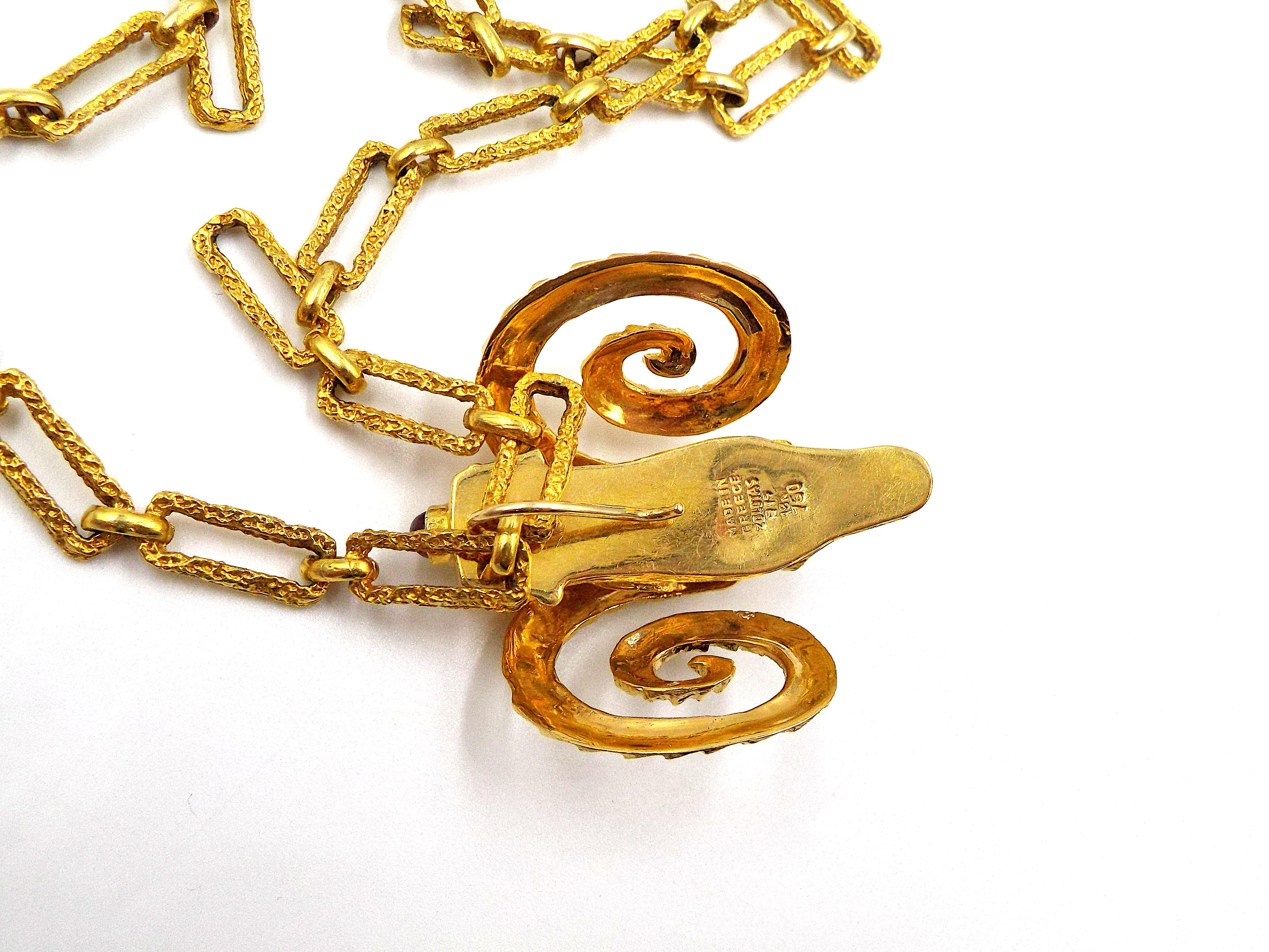 Lalaounis 18K Gold Long Chain with Zolotas Ram's Head 18K Gold Ruby ...