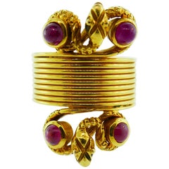 Lalaounis 18 Karat Yellow Gold and Cabochon Ruby Double Snake Ring Vintage Rare