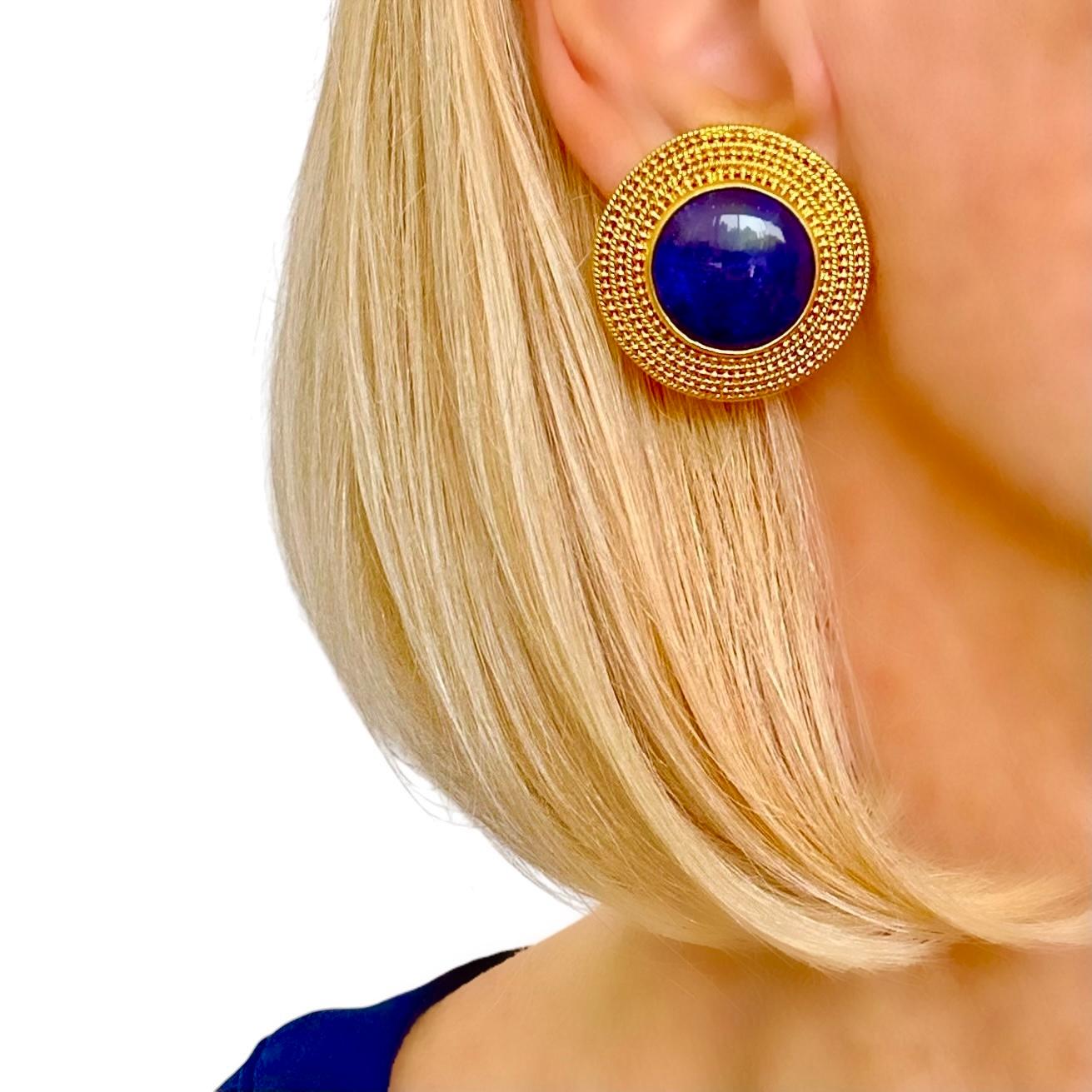 Lalaounis 18K Yellow Gold Round Clip-On Earrings with Navy Blue Sodalite Centers For Sale 5