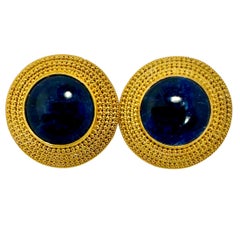 Lalaounis 18K Yellow Gold Round Clip-On Earrings with Navy Blue Sodalite Centers