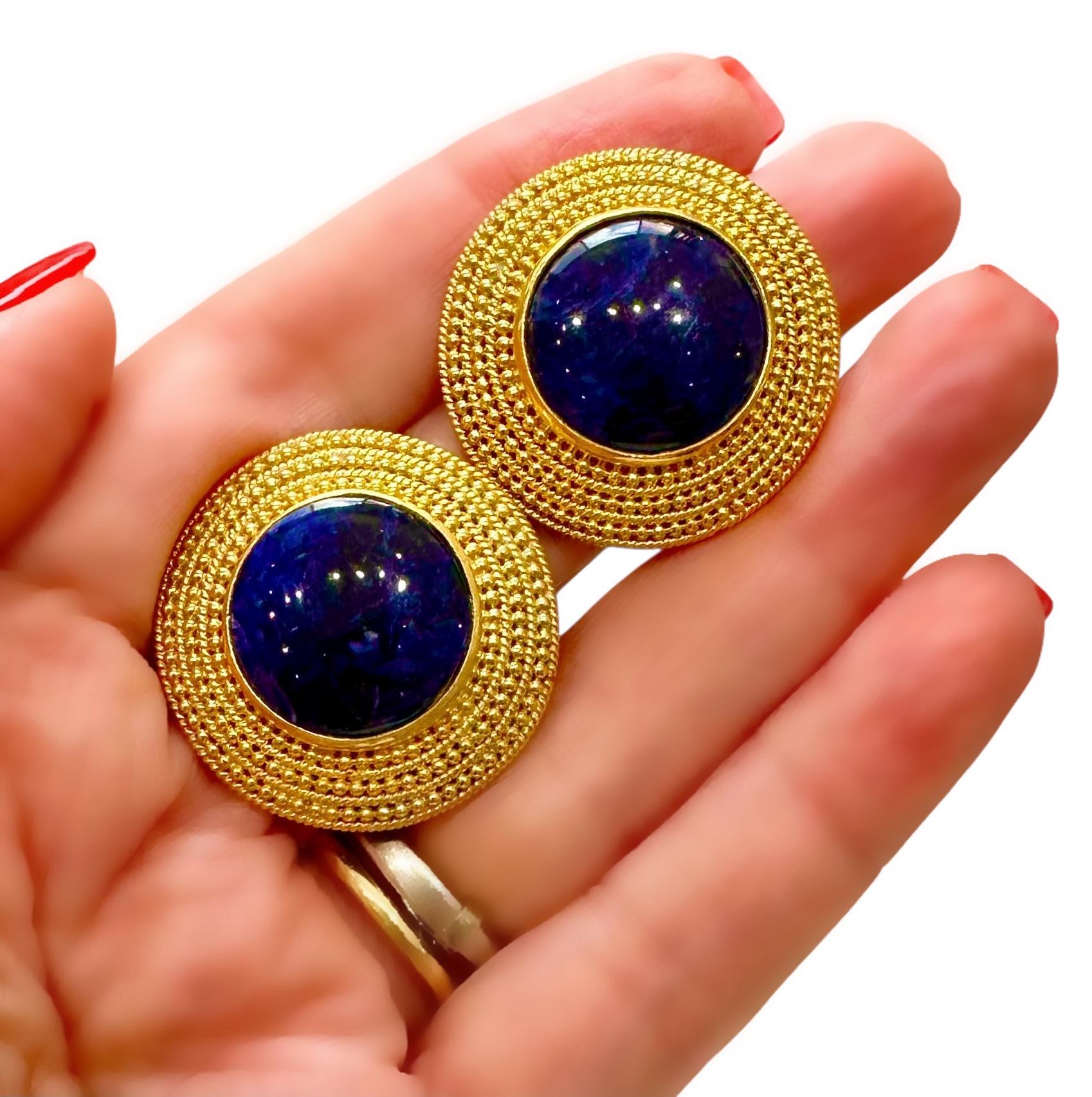 Lalaounis 18K Yellow Gold Round Clip-On Earrings with Navy Blue Sodalite Centers For Sale 4