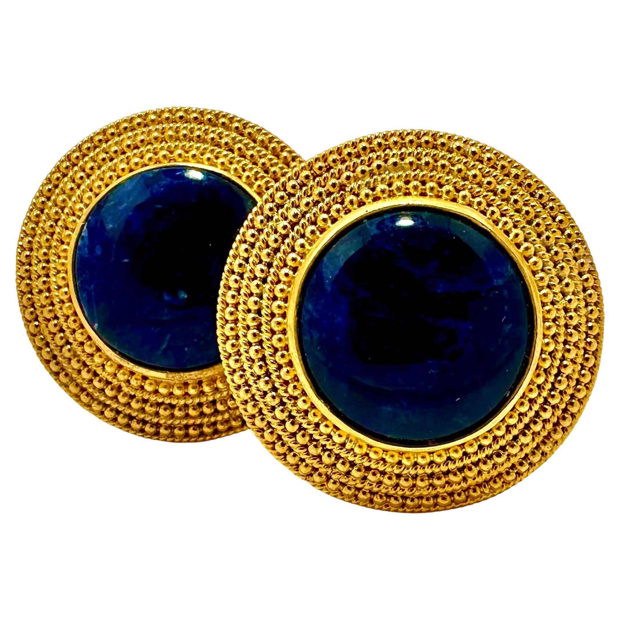 Lalaounis 18K Yellow Gold Round Clip-On Earrings with Navy Blue Sodalite Centers