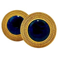Lalaounis 18K Yellow Gold Round Clip-On Earrings with Navy Blue Sodalite Centers