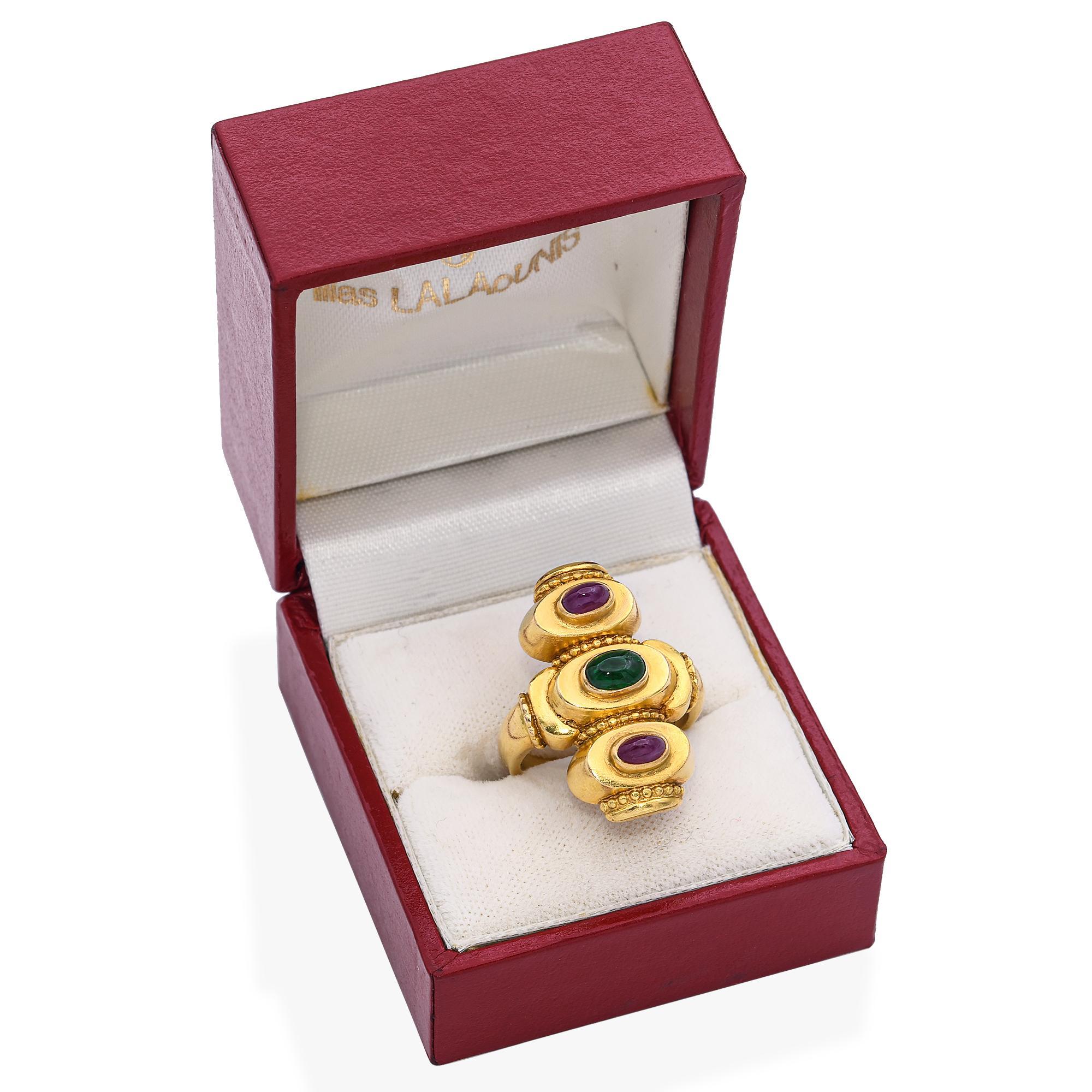 Cabochon Lalaounis 18k Yellow Gold Ruby and Emerald Ring