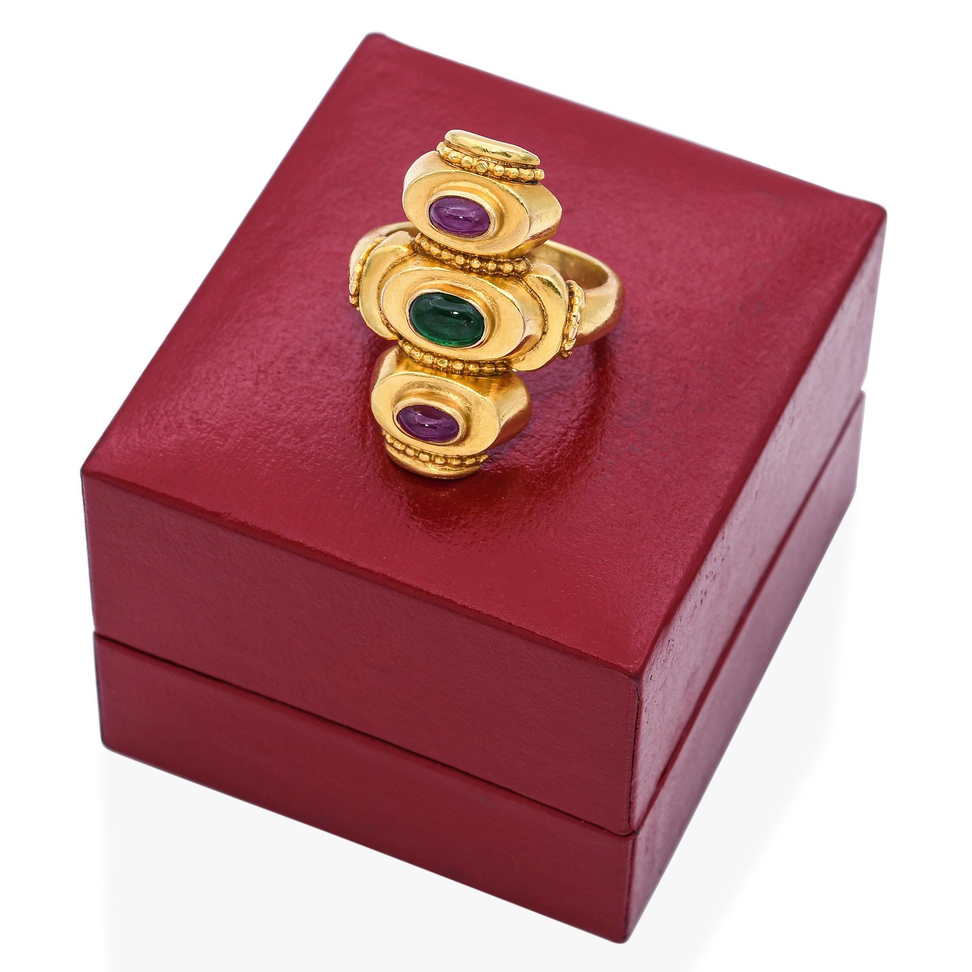 Lalaounis 18k Yellow Gold Ruby and Emerald Ring In Good Condition In New York, NY