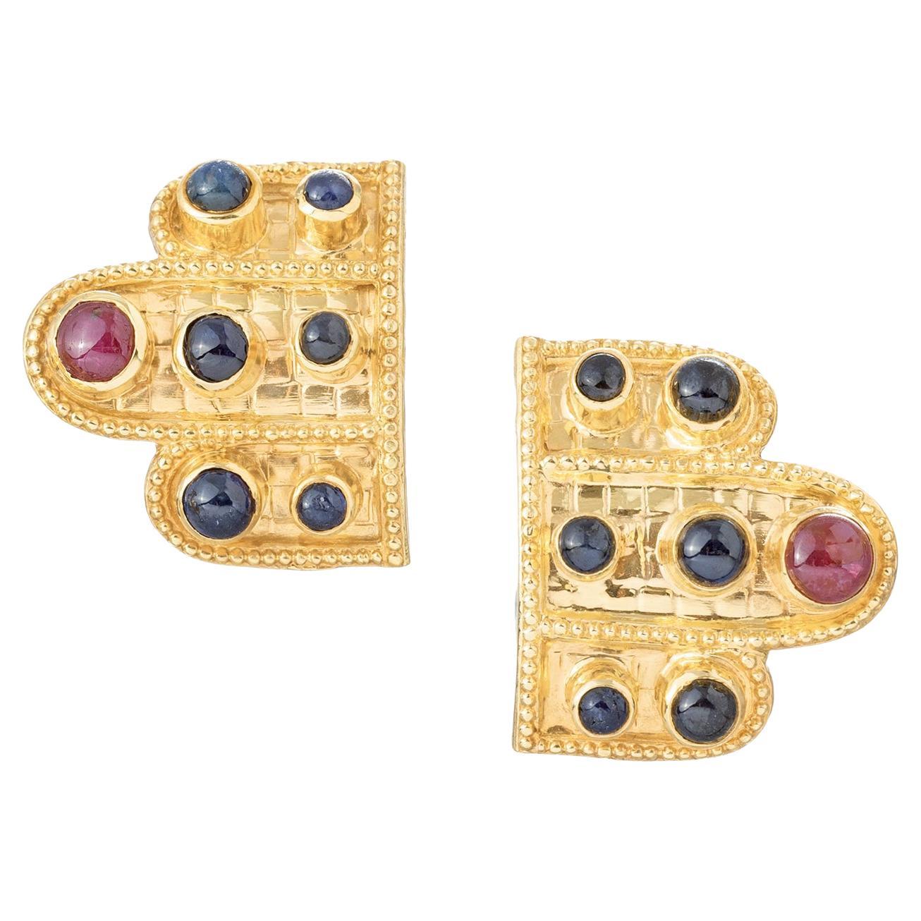 Lalaounis 18k Yellow Gold Ruby Sapphire Earrings For Sale