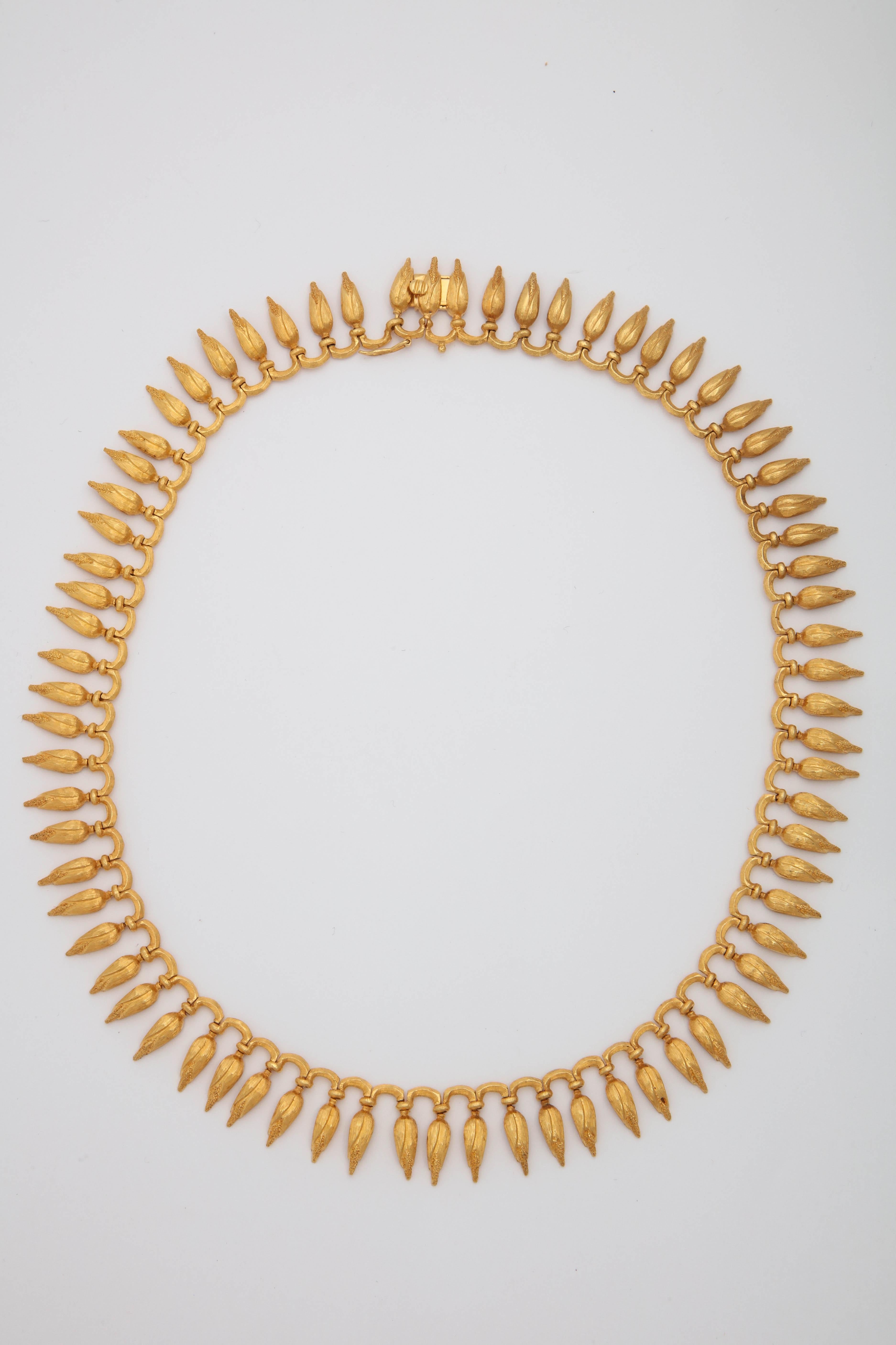 One Ladies 18kt Textured Gold Handmade Necklace Designed By Lalaounis Created In All Flexible Dangle Leaf Design Pieces. NOTE: Necklace Tests To Be Higher Karat Gold. Designed In The 1950's In Greece.
